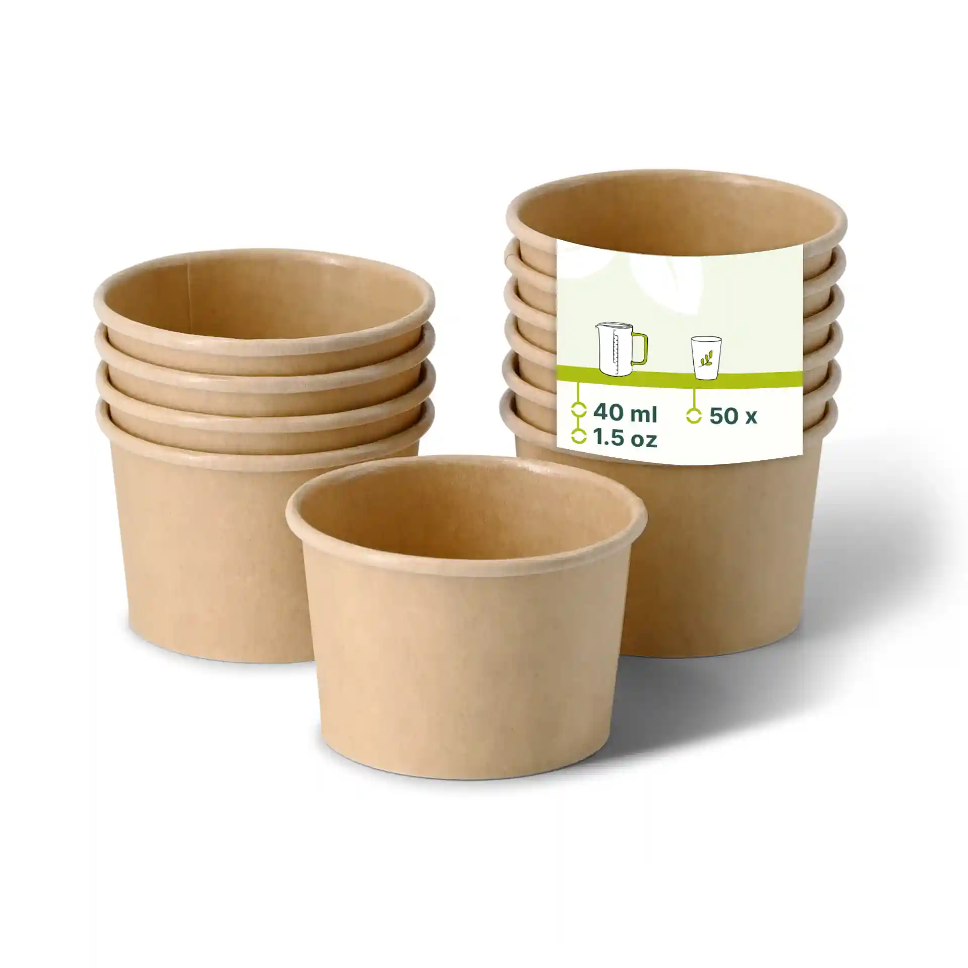 Gobelets en papier brun avec revêtement écologique, capacité de 40 ml, empilés avec un gobelet devant.