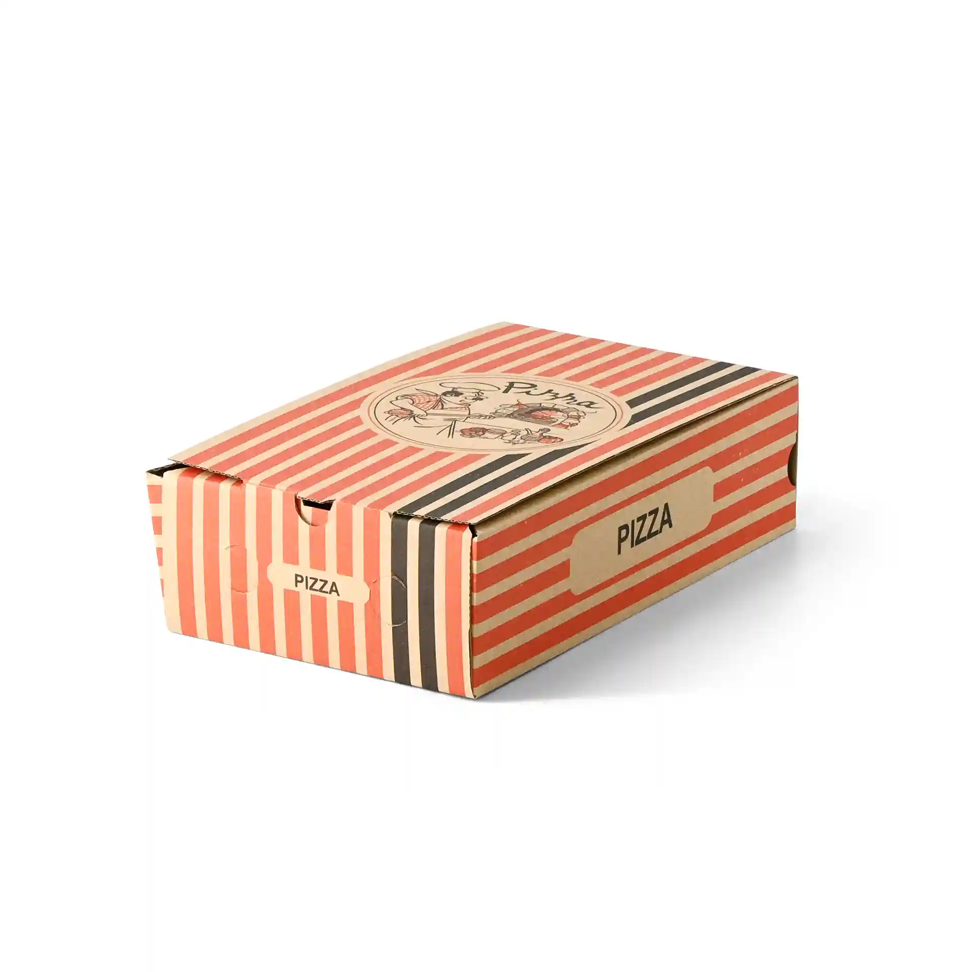 Boîte à pizza en carton avec un design de chef de pizza brun, rayures rouges et noires, mesurant 27 x 16 x 7 cm.