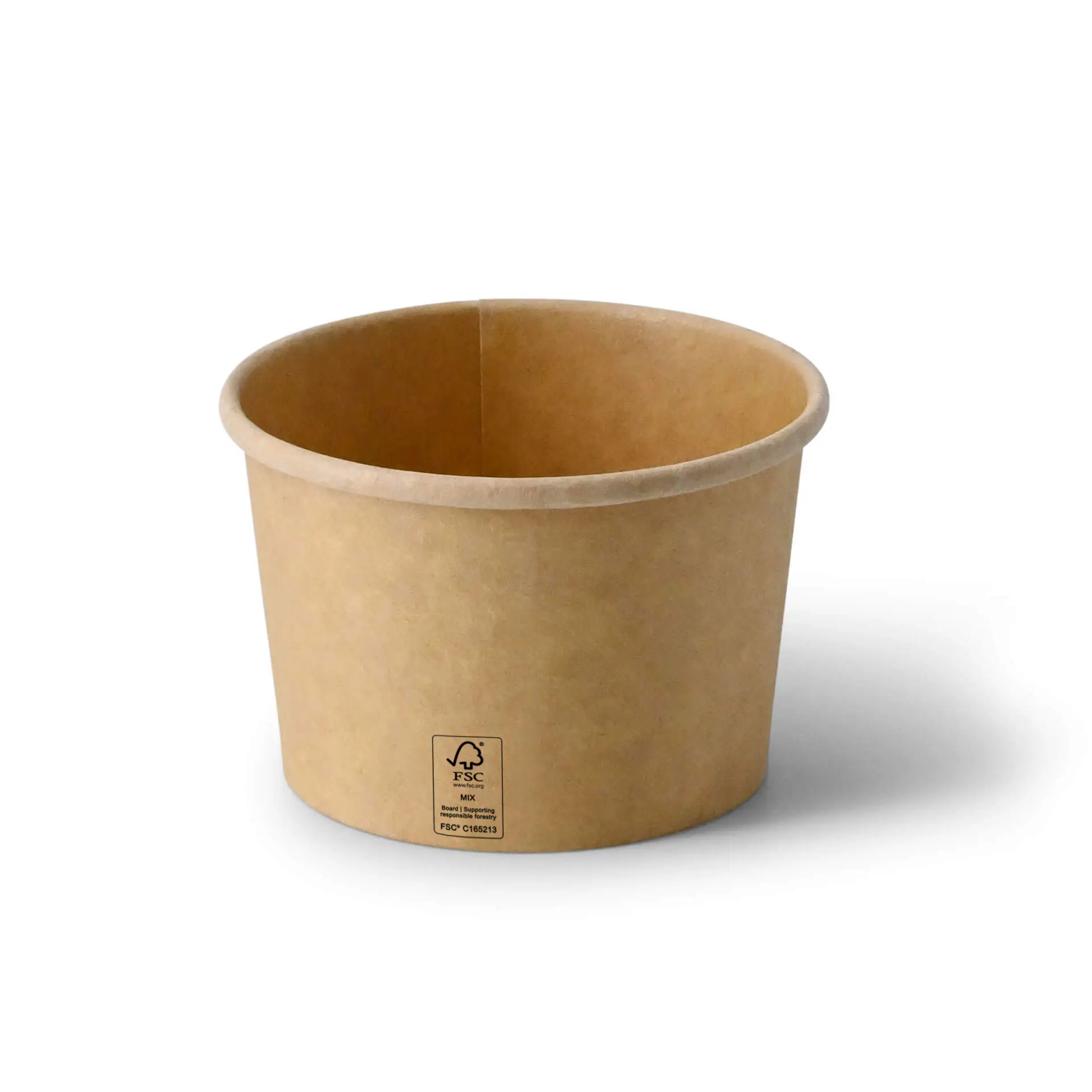 Contenant à soupe à emporter en carton brun, forme ronde, capacité de 8 oz, avec étiquette de certification FSC visible.