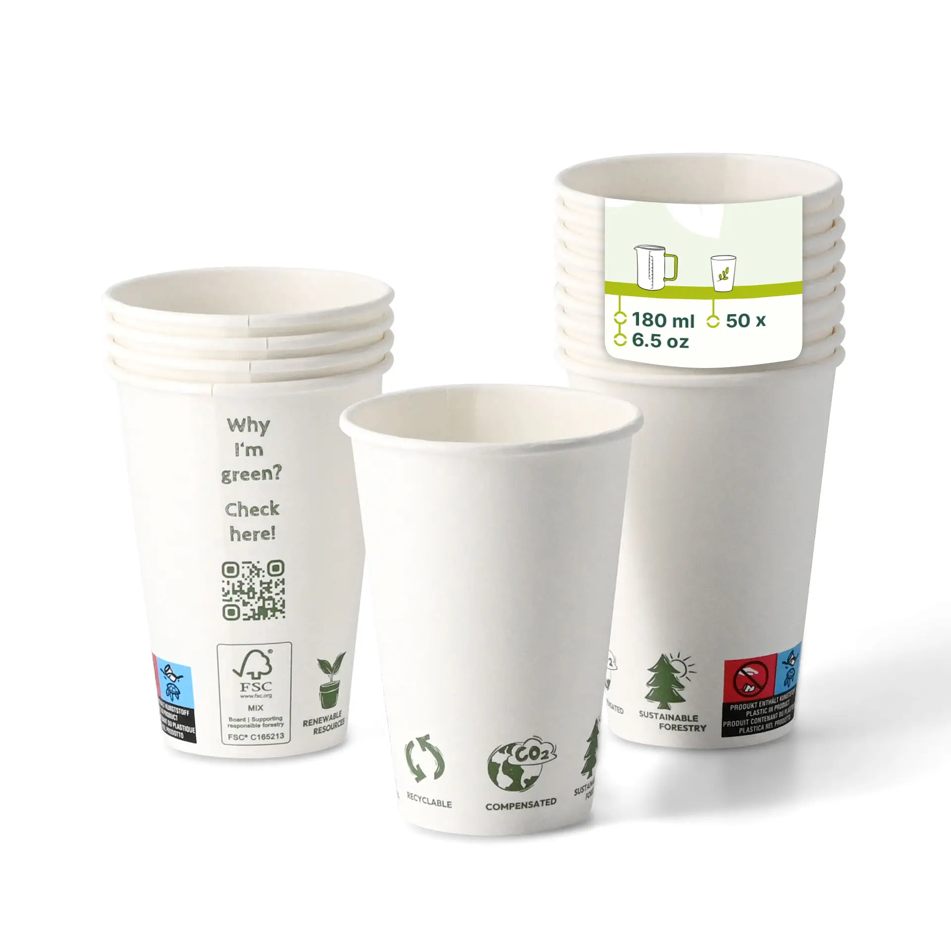 Gobelet pour distributeur "EcoUp©" Icônes, 180 ml / 7,5 oz, Ø 70 mm, simple paroi, blanc, revêtement PLA