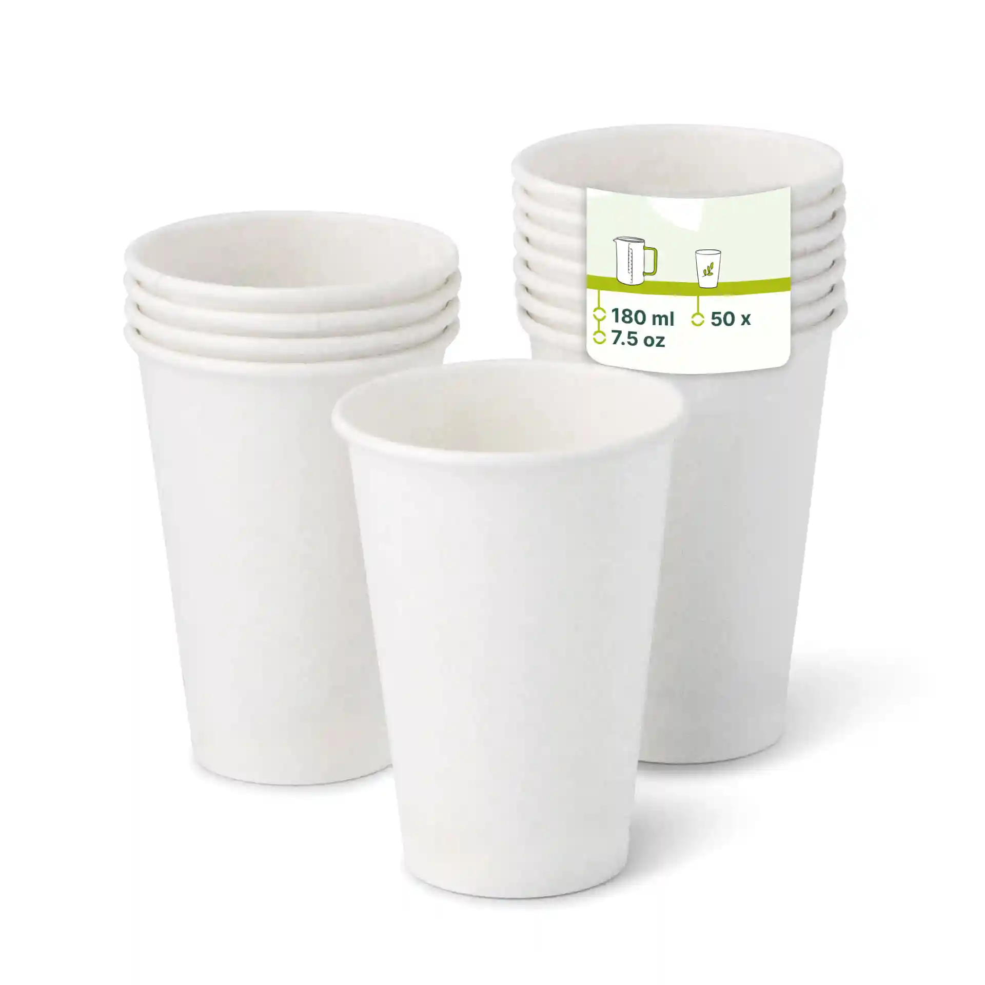Gobelets en carton blancs empilés, avec un gobelet devant indiquant une capacité de 180 ml et 50 unités.