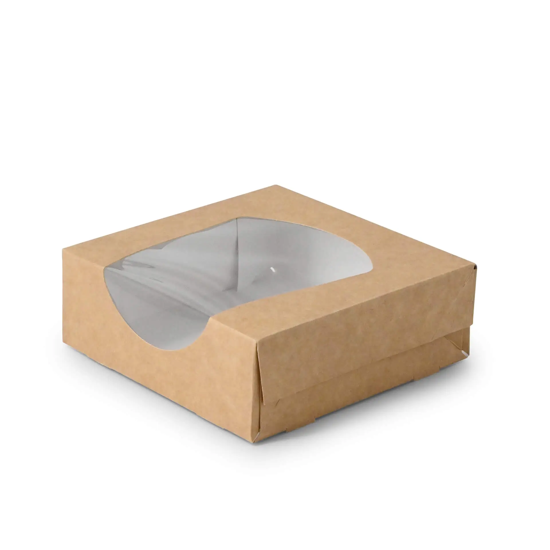 Boîte en carton brun avec fenêtre en cellulose transparente, mesurant 12 x 12 x 4 cm.