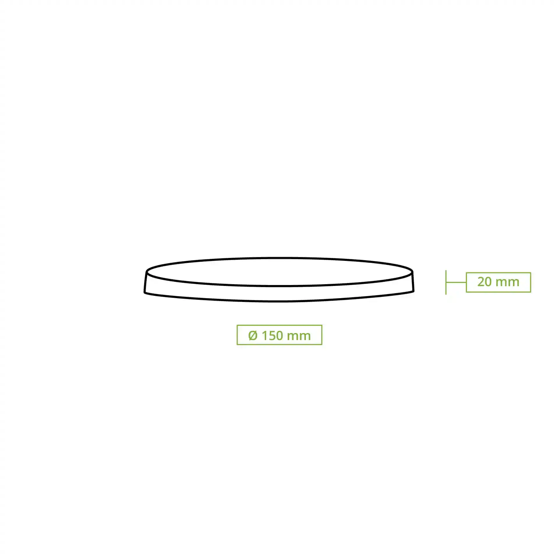 Dessin schématique d'un couvercle en PLA transparent de 150 mm de diamètre et 20 mm de hauteur.