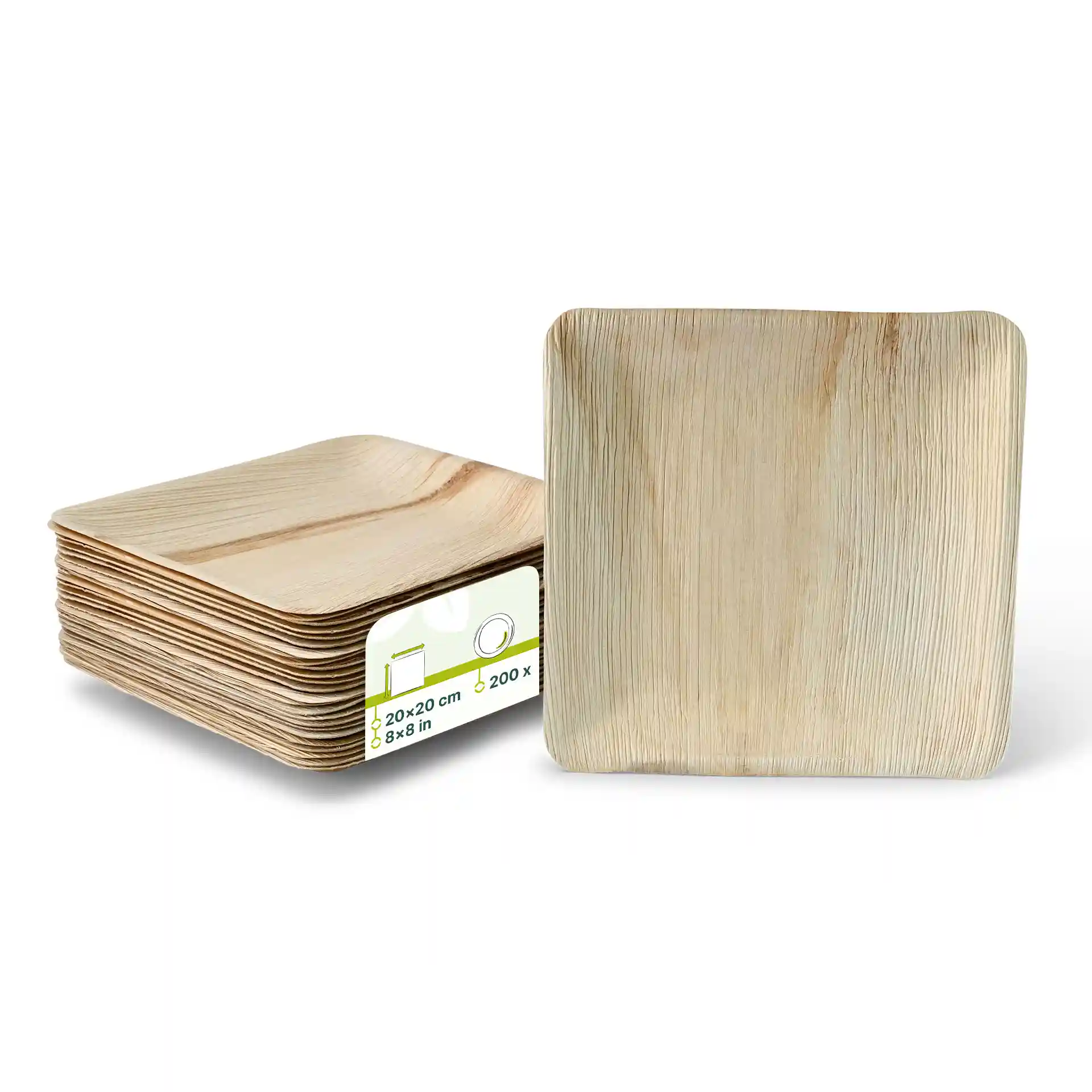 Empilement d'assiettes carrées en feuille de palmier, 20 x 20 cm, avec une finition en grain naturel, montrant une assiette debout.