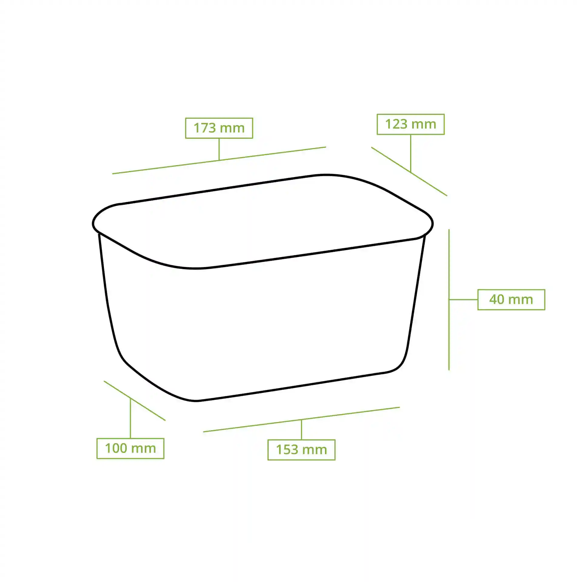 Dessin schématique d'un conteneur alimentaire rectangulaire avec dimensions étiquetées : 173 mm de longueur, 123 mm de largeur, 40 mm de hauteur.