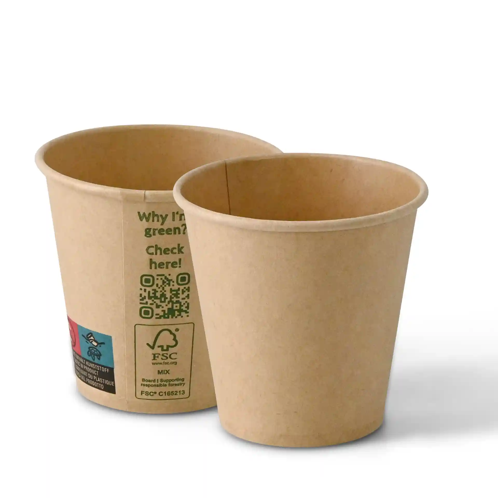 Gobelets en papier brun à paroi simple, capacité de 150 ml et diamètre de 80 mm, montrant une étiquette avec des marquages.