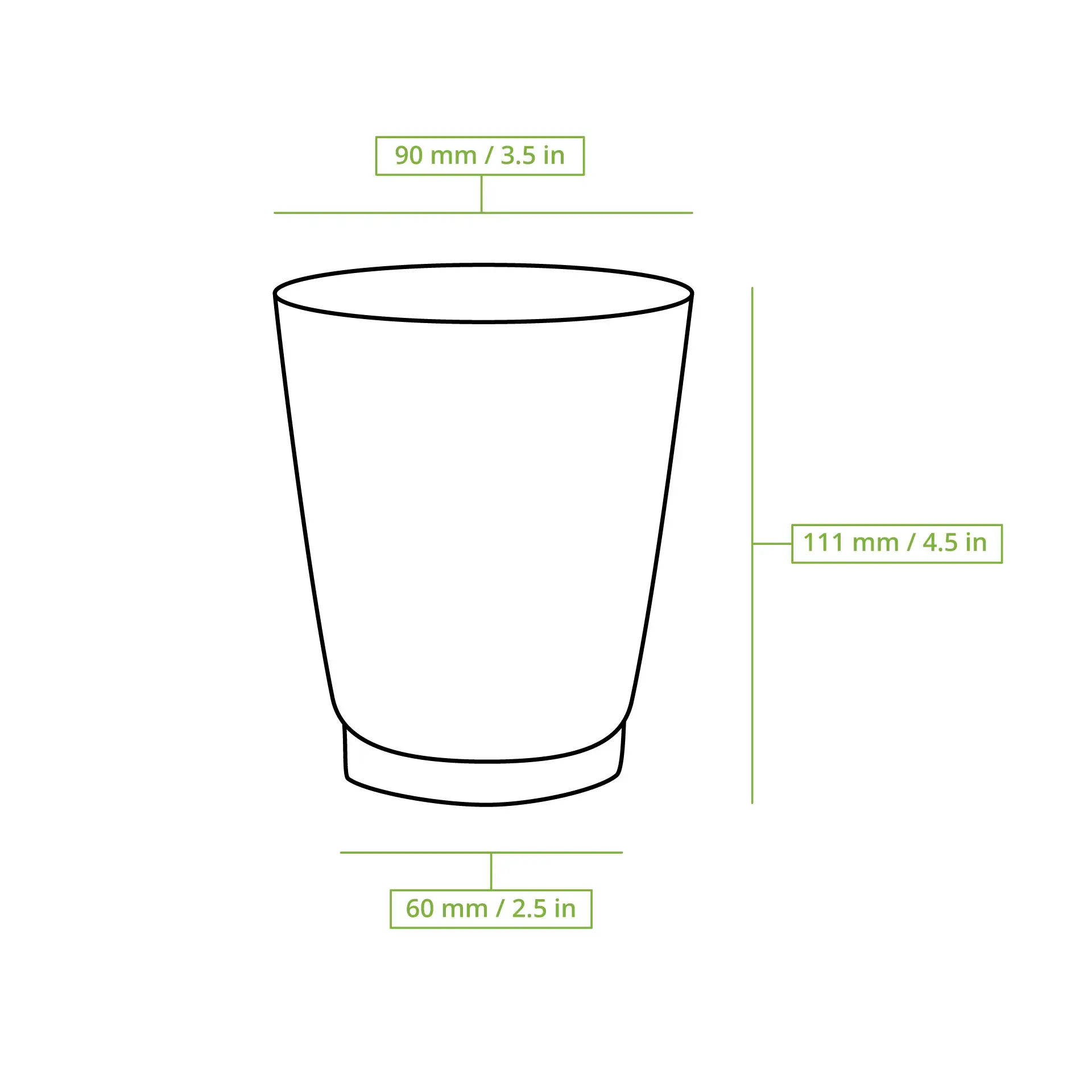 Gobelet à café réutilisable isolé de 12 oz ; extérieur brun, intérieur blanc. Dimensions : Ø 90 mm, H 111 mm, base 60 mm.