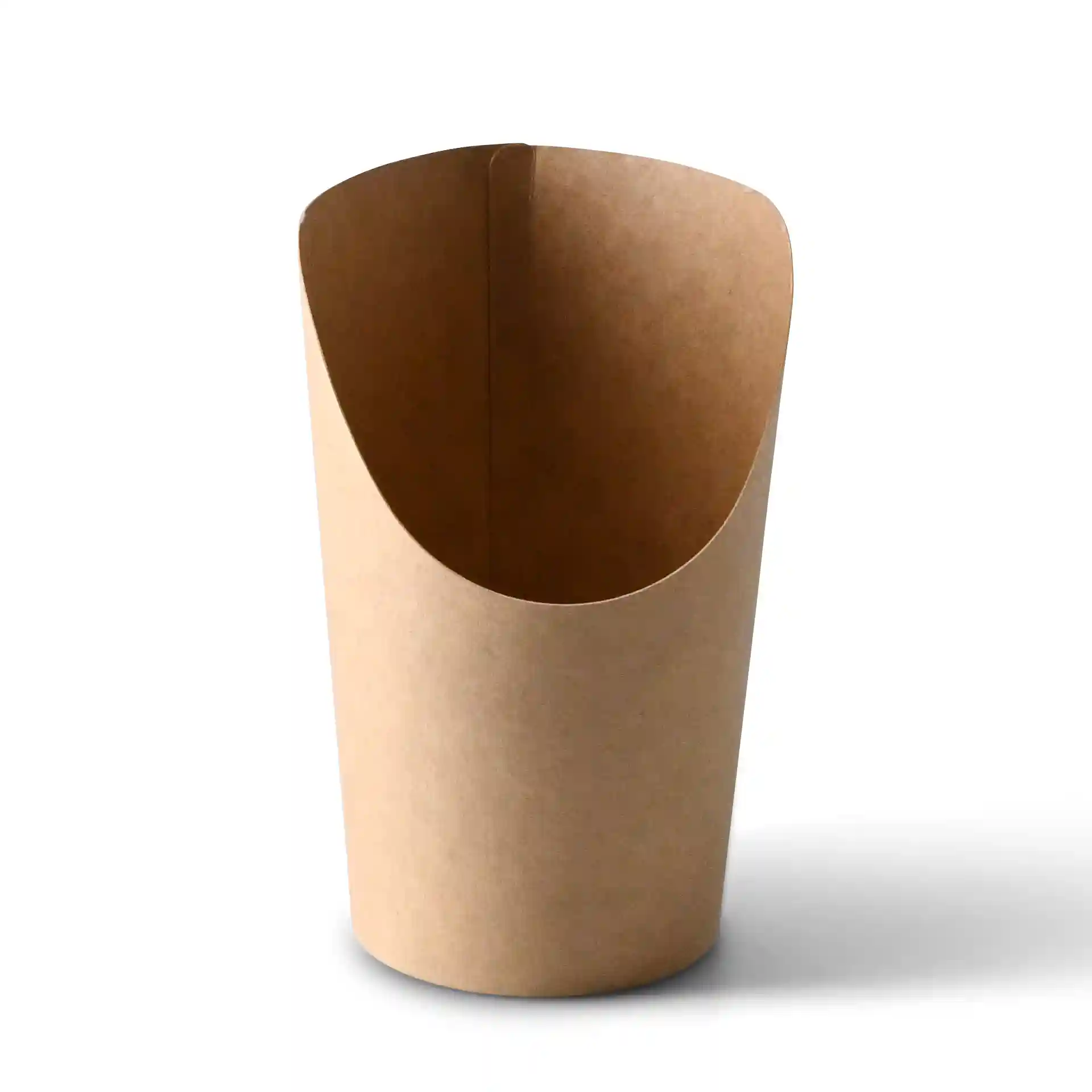 Gobelet en carton brun avec revêtement écologique, capacité de 300 ml, design profond, 120 mm de hauteur et 80 mm de diamètre supérieur.