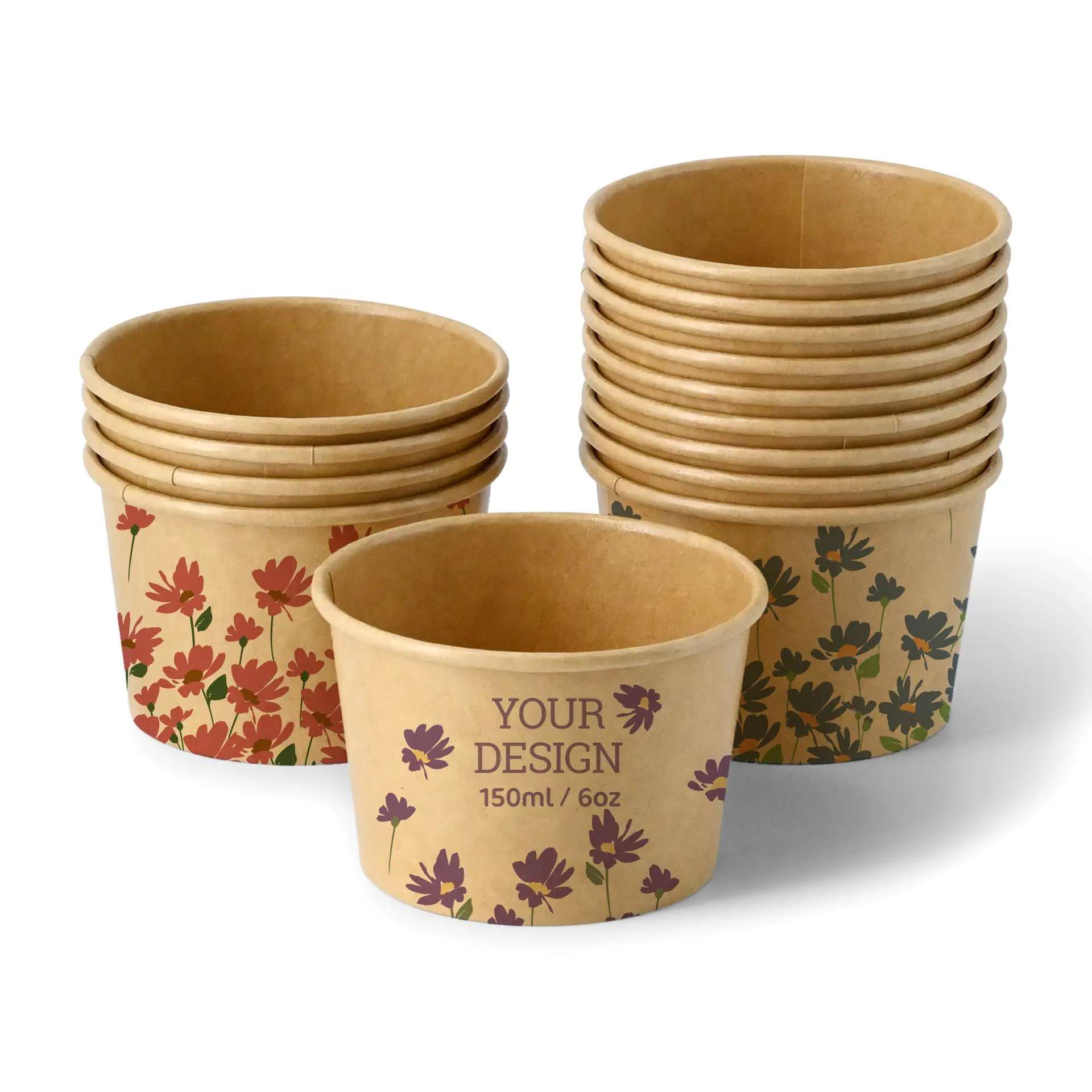 Gobelet à glace marron personnalisé avec design de logo ; adapté pour cafés et événements, capacité de 150 ml.