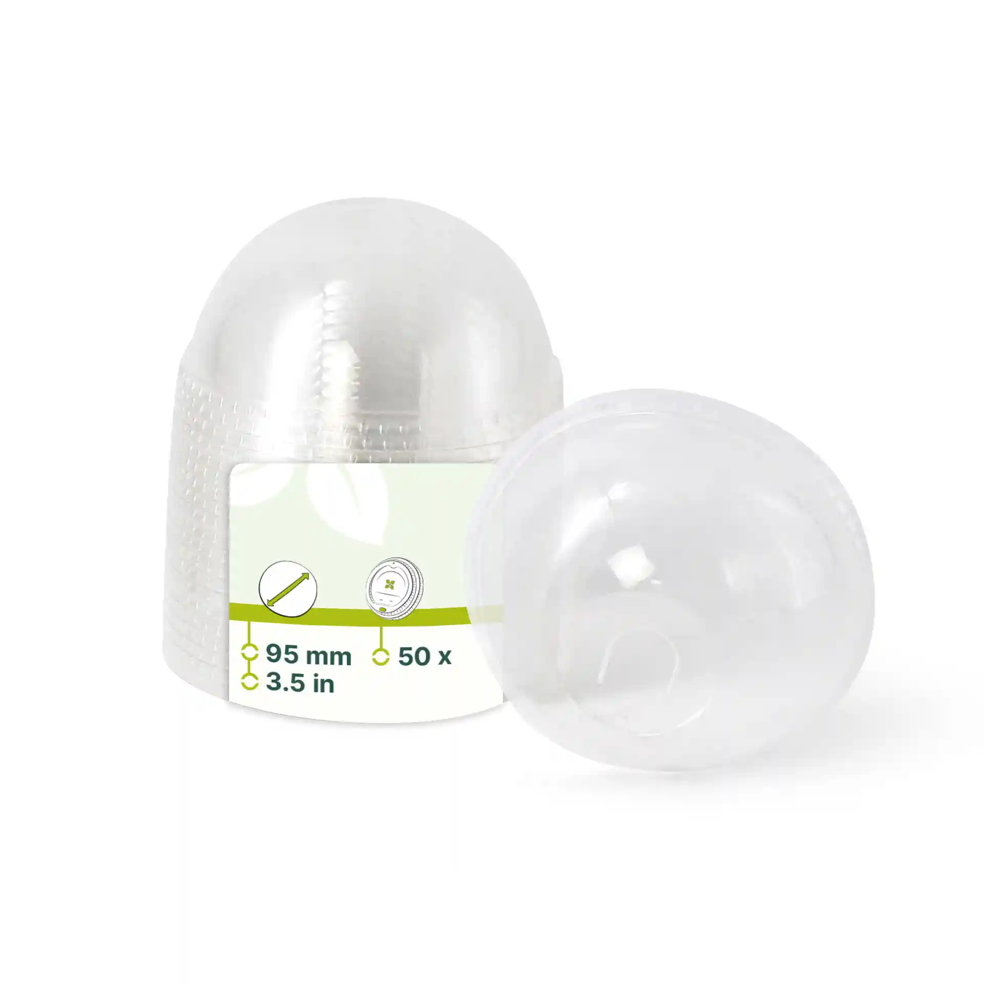 Couvercle en PLA transparent de 95 mm de diamètre, avec un trou pour paille, présenté avec une étiquette.