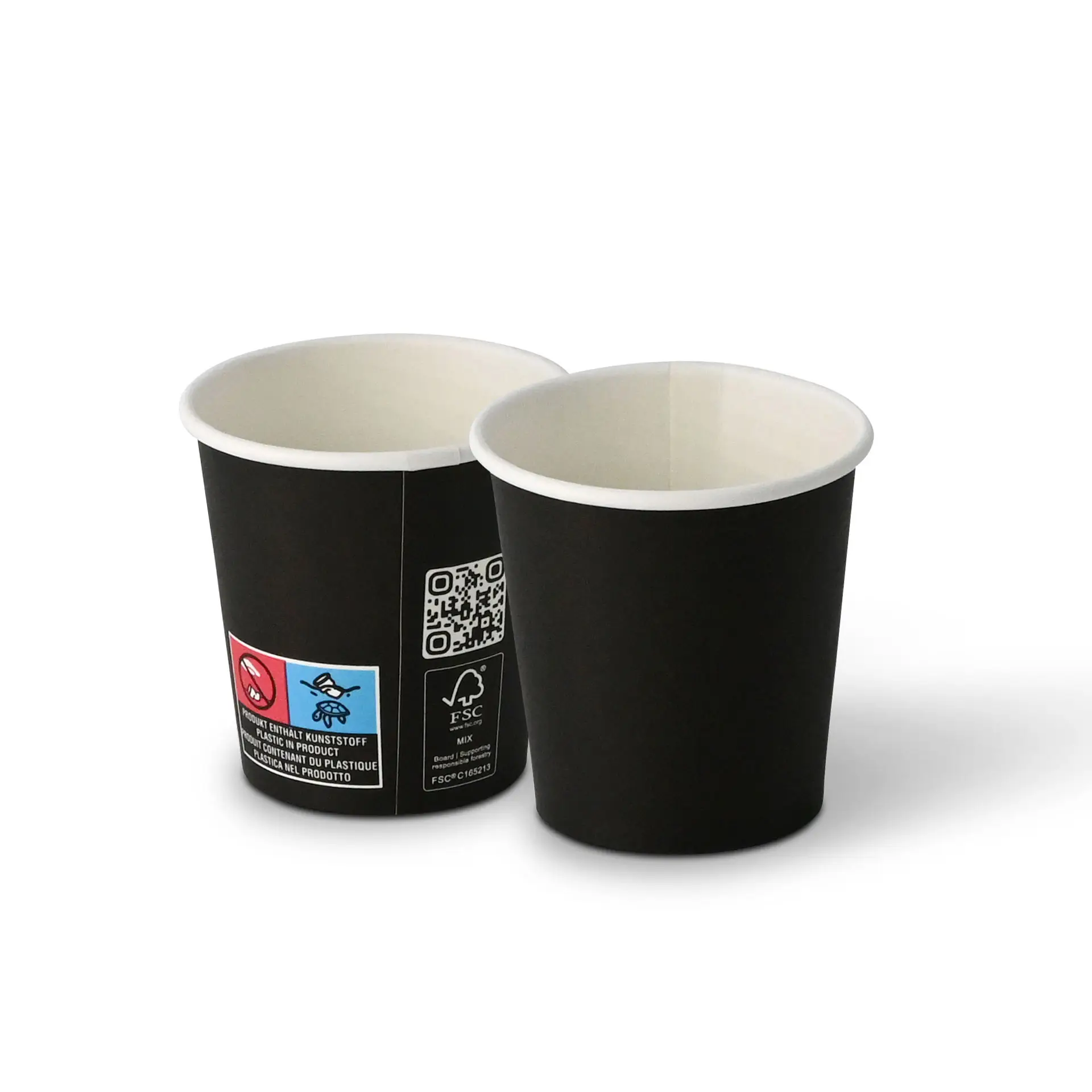 Gobelets noirs à paroi simple, capacité de 100 ml et diamètre de 62 mm, montrant des vues intérieures et extérieures.