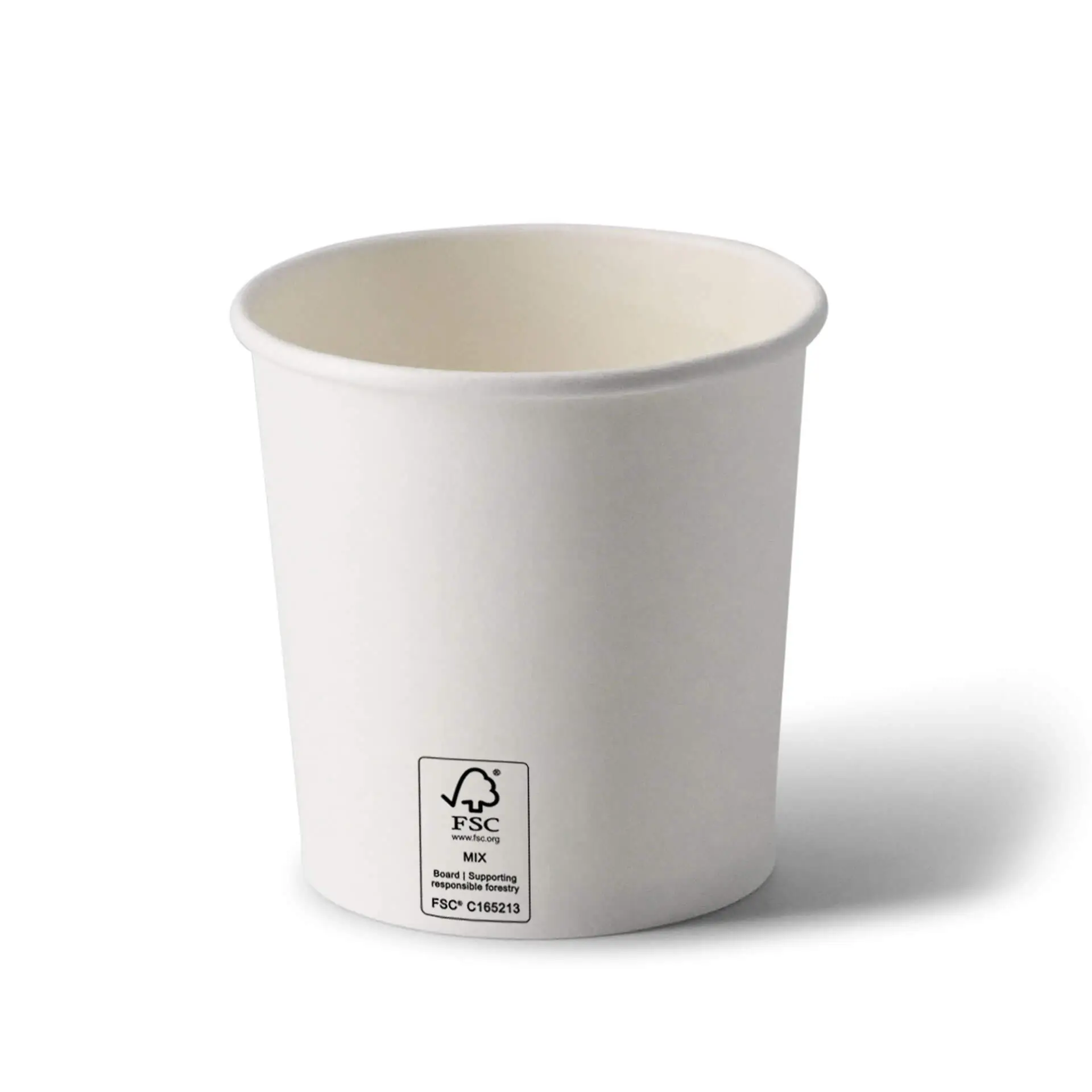 Un gobelet de soupe en carton blanc de 12 oz avec revêtement en PE; adapté pour plats chauds et froids; comporte des marquages et un label FSC.