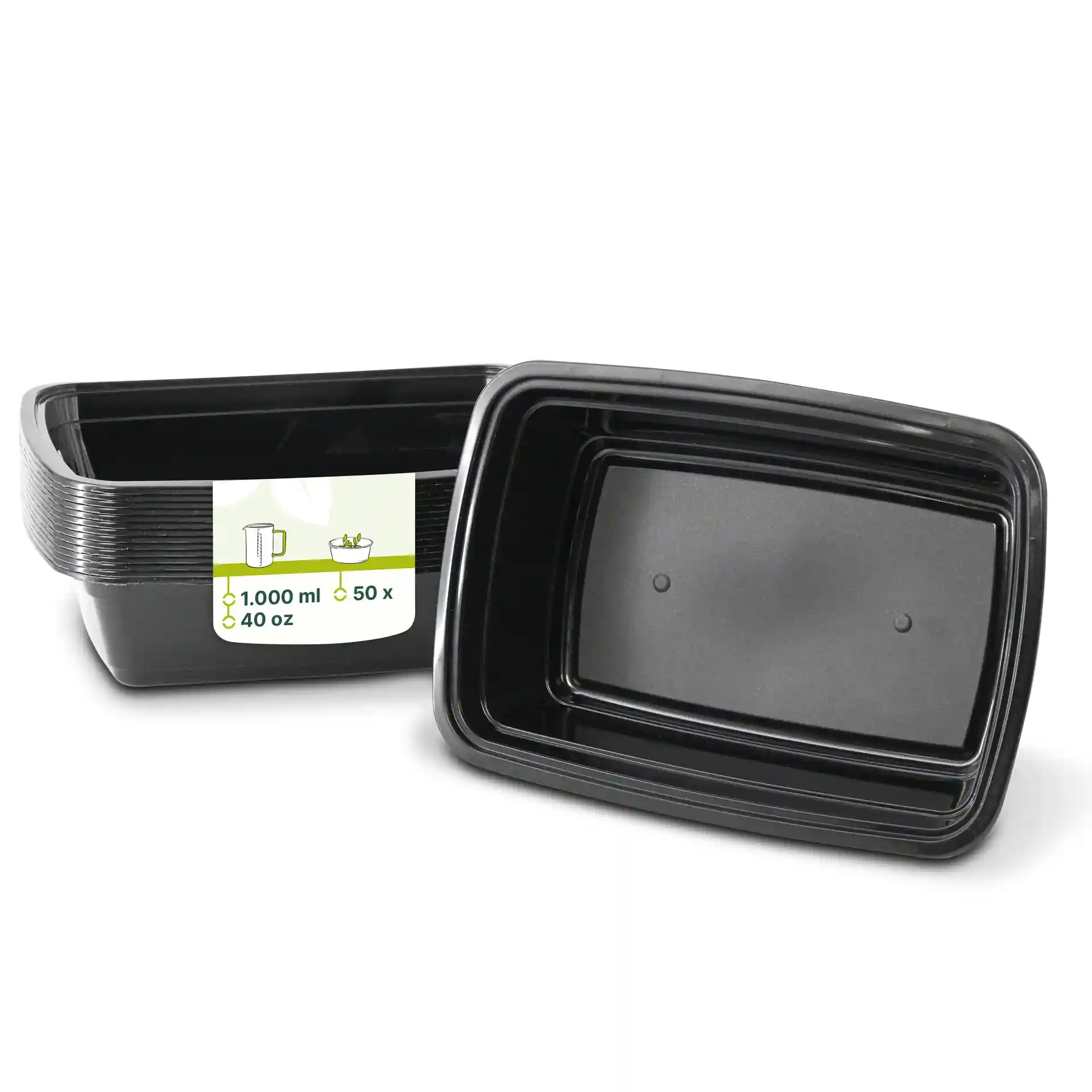 Conteneur rectangulaire réutilisable noir d'une capacité de 1000 ml, présenté avec une étiquette et un autre conteneur à côté.