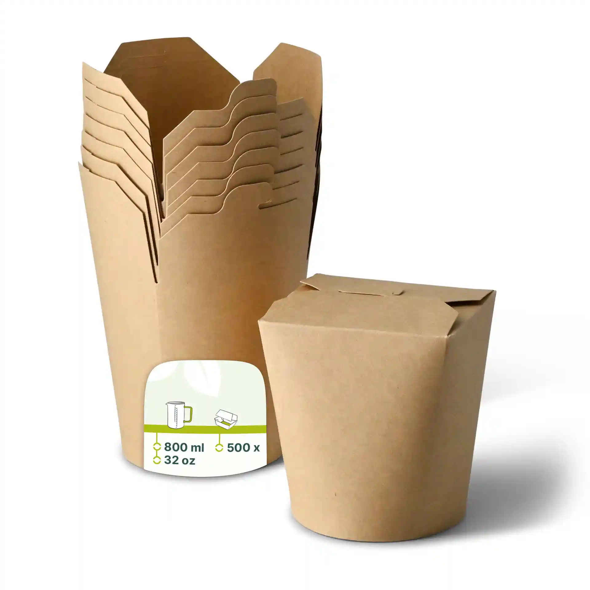 Boîtes à nouilles brunes en carton enduit, une boîte devant et plusieurs empilées derrière.