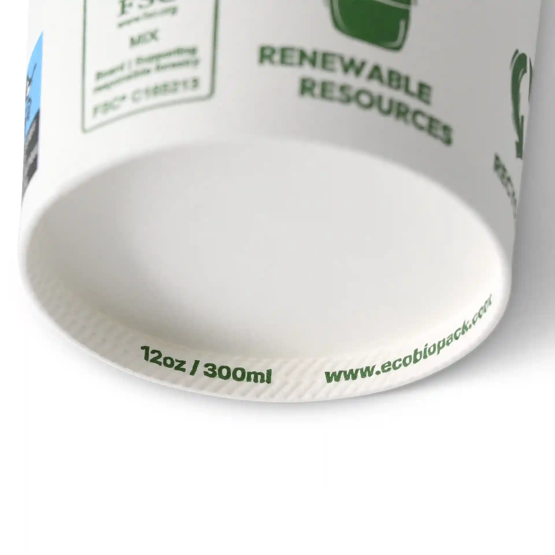 Gobelet blanc d'un diamètre de 90 mm, avec des marquages pour 12 oz / 300 ml et un lien sur le fond.