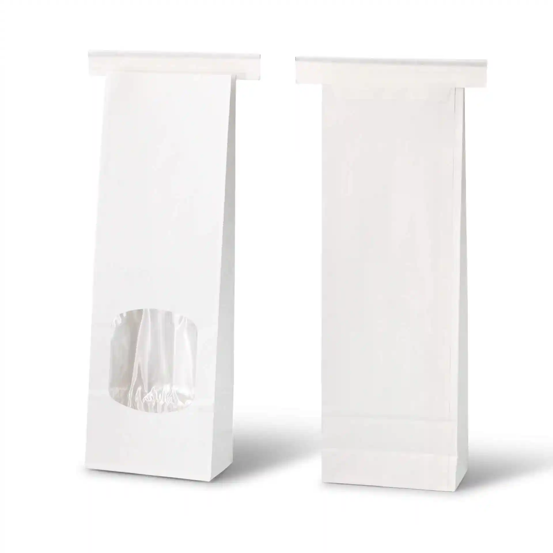 Sac à fond plat blanc avec fenêtre de visualisation, dimensions 9 x 4,5 x 26 cm, en papier kraft avec lien en métal.