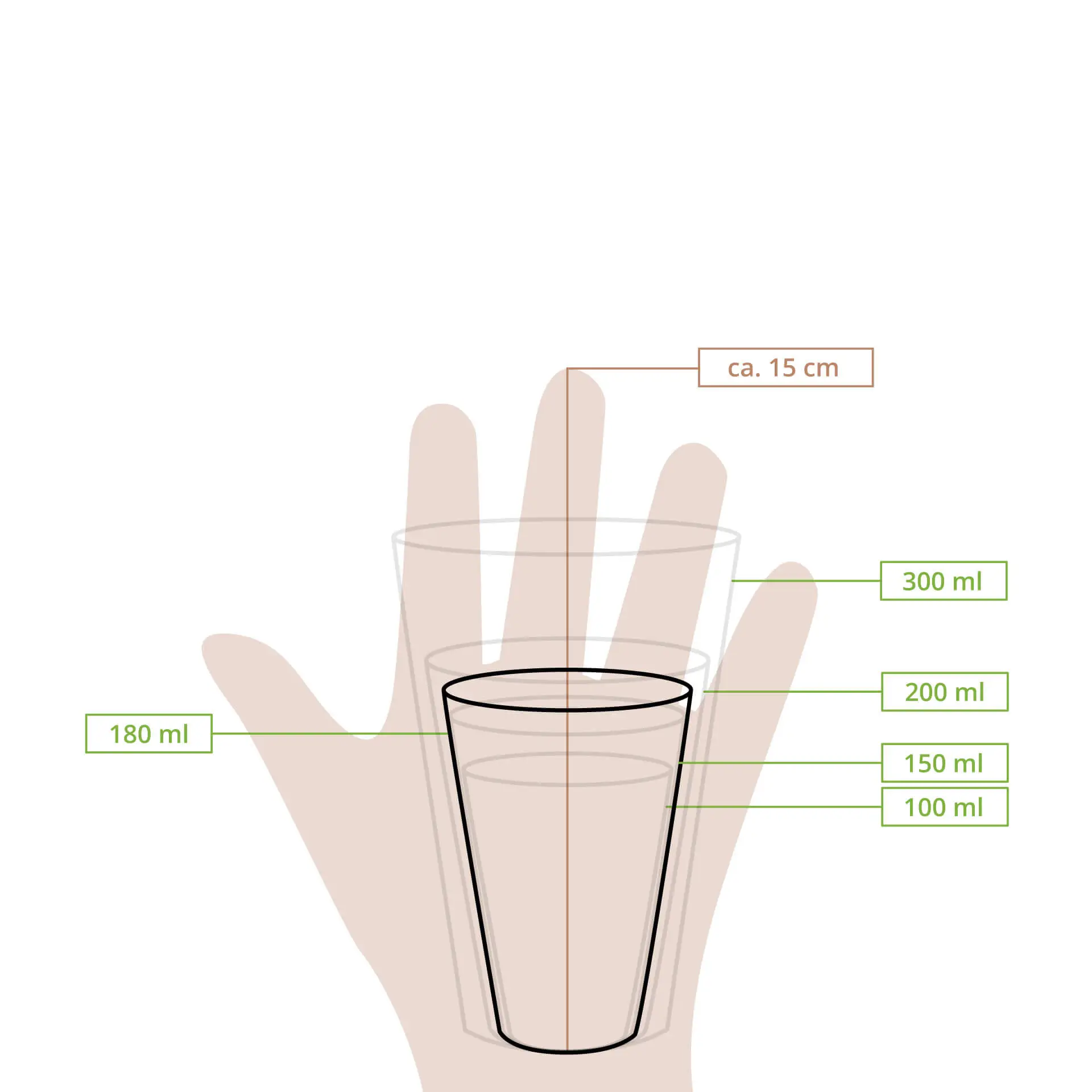 Dessin schématique d'un gobelet avec des lignes de mesure montrant la hauteur et des marques de volume de 100 ml à 300 ml.
