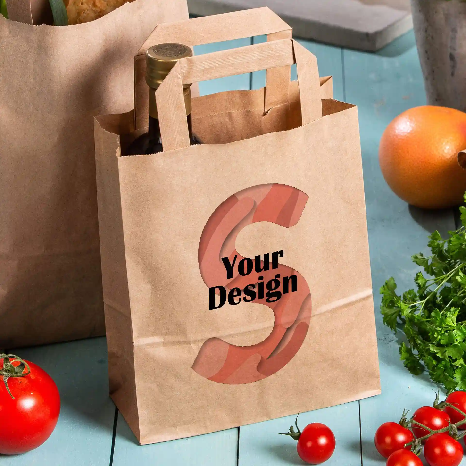 Sac en papier brun de forme rectangulaire, avec un design comportant la lettre 'S' et le texte 'Votre Design'.
