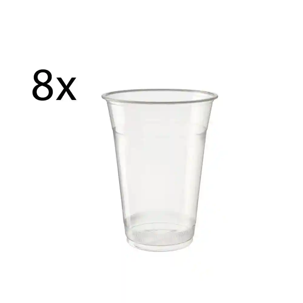 Gobelet en plastique transparent avec un design effilé, présenté avec le numéro 8 à côté.