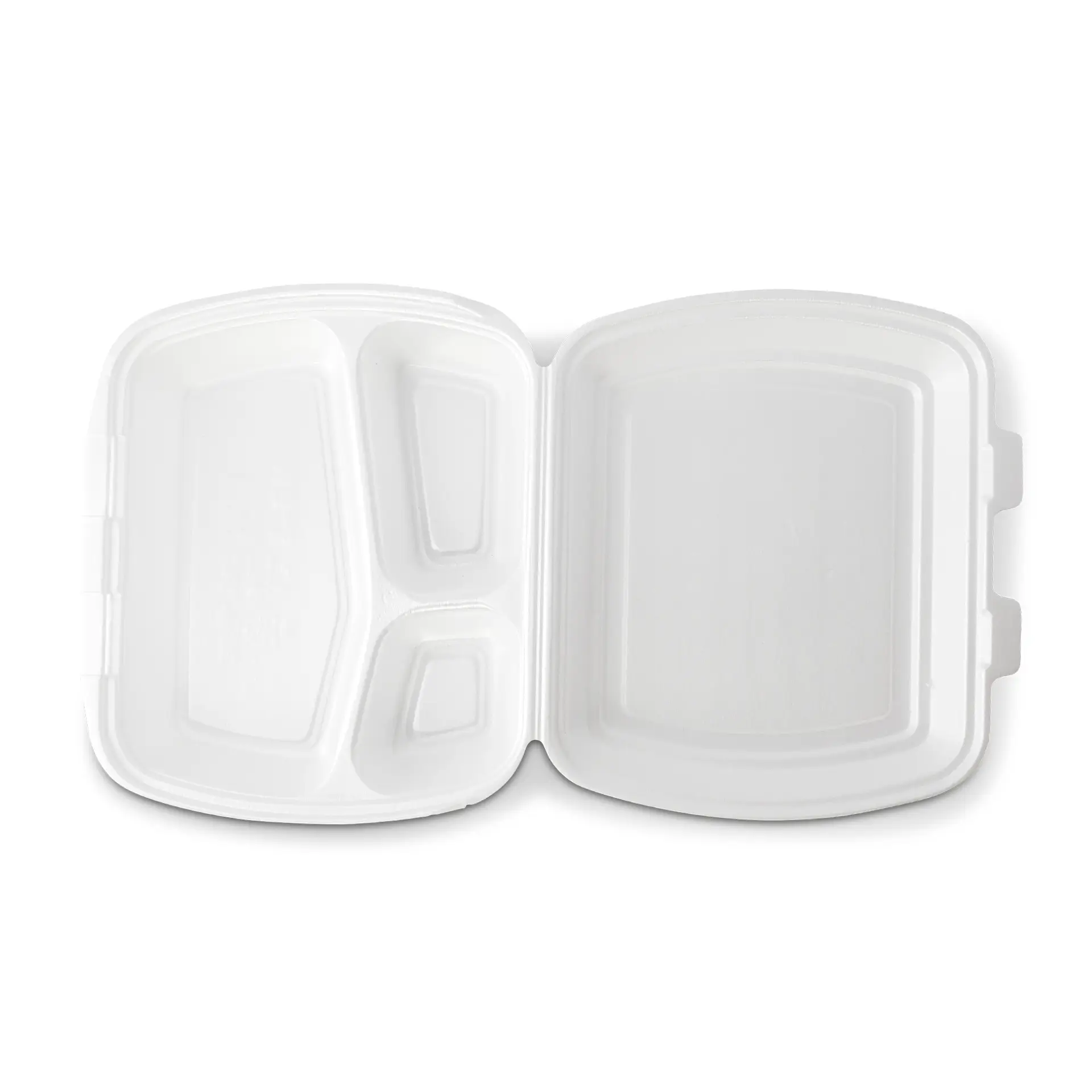 Conteneur à emporter blanc avec trois compartiments, conçu pour le stockage ou le service des aliments.