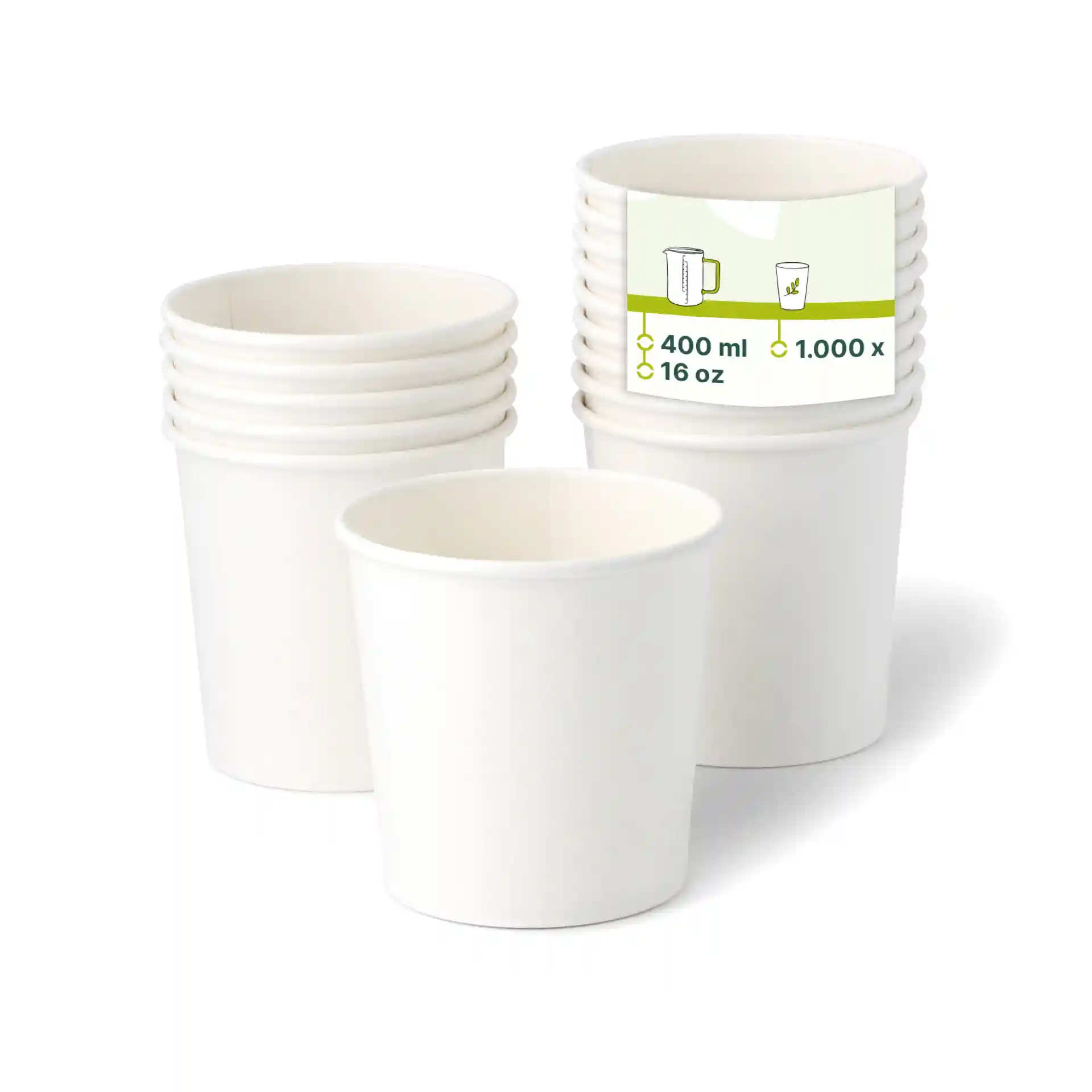 Empilement de pots à glace en papier blanc avec un pot devant, montrant une étiquette avec les détails du volume.