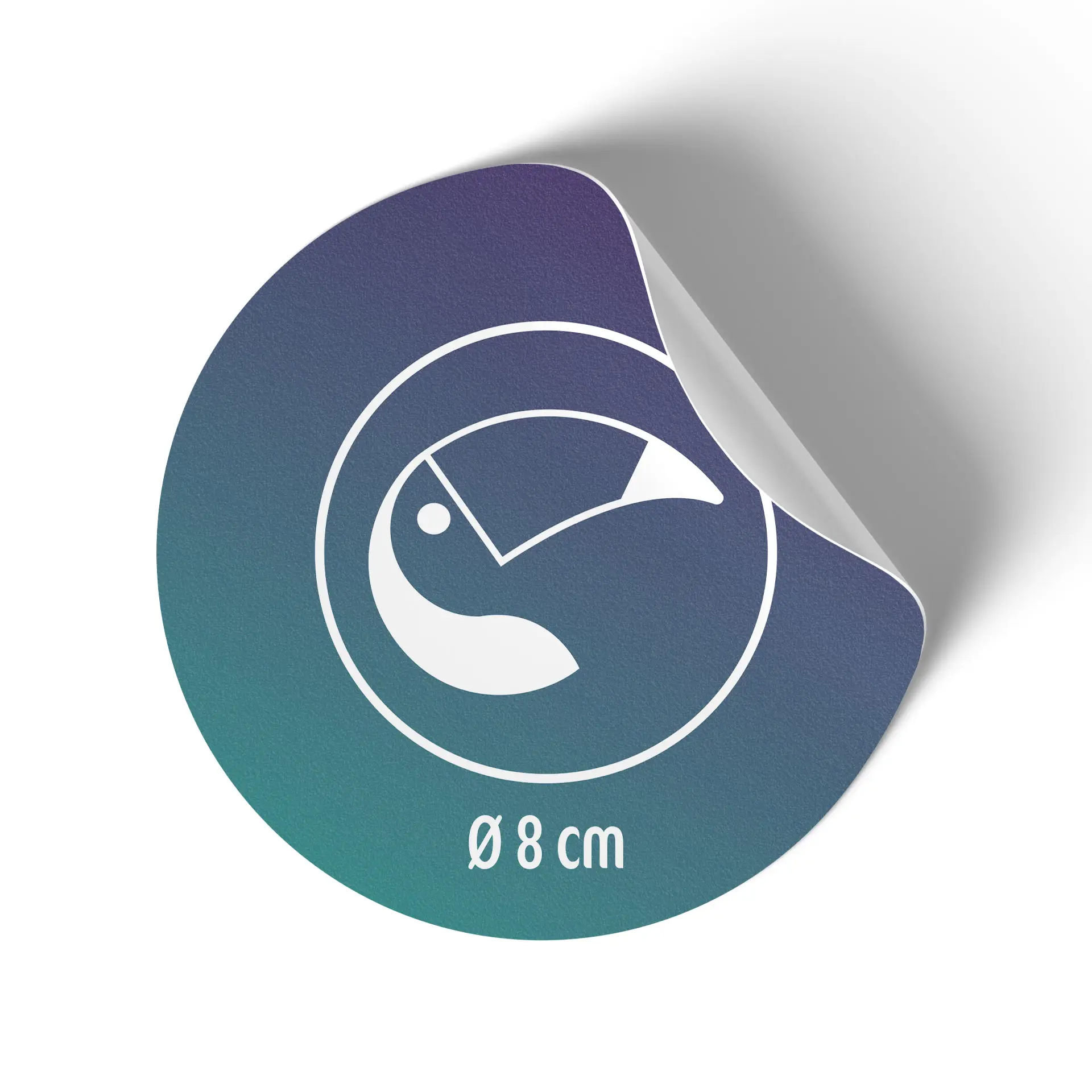 Autocollant décoratif rond montrant un design avec un oiseau stylisé, taille Ø 8 cm, avec un fond dégradé.
