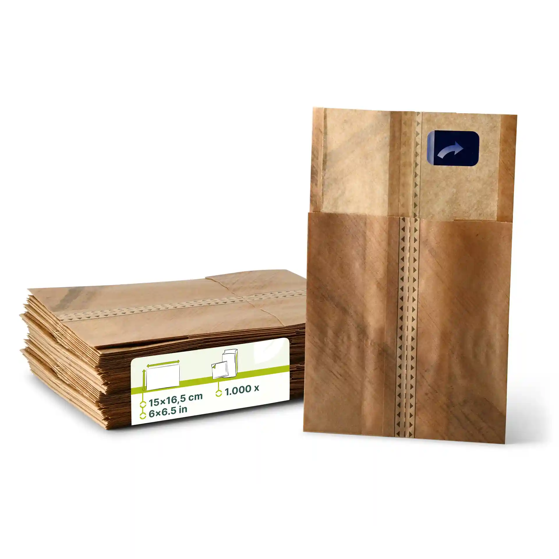 Empilement de sacs à burger en papier kraft avec fermeture adhésive, un sac debout montrant le design imprimé et les dimensions.