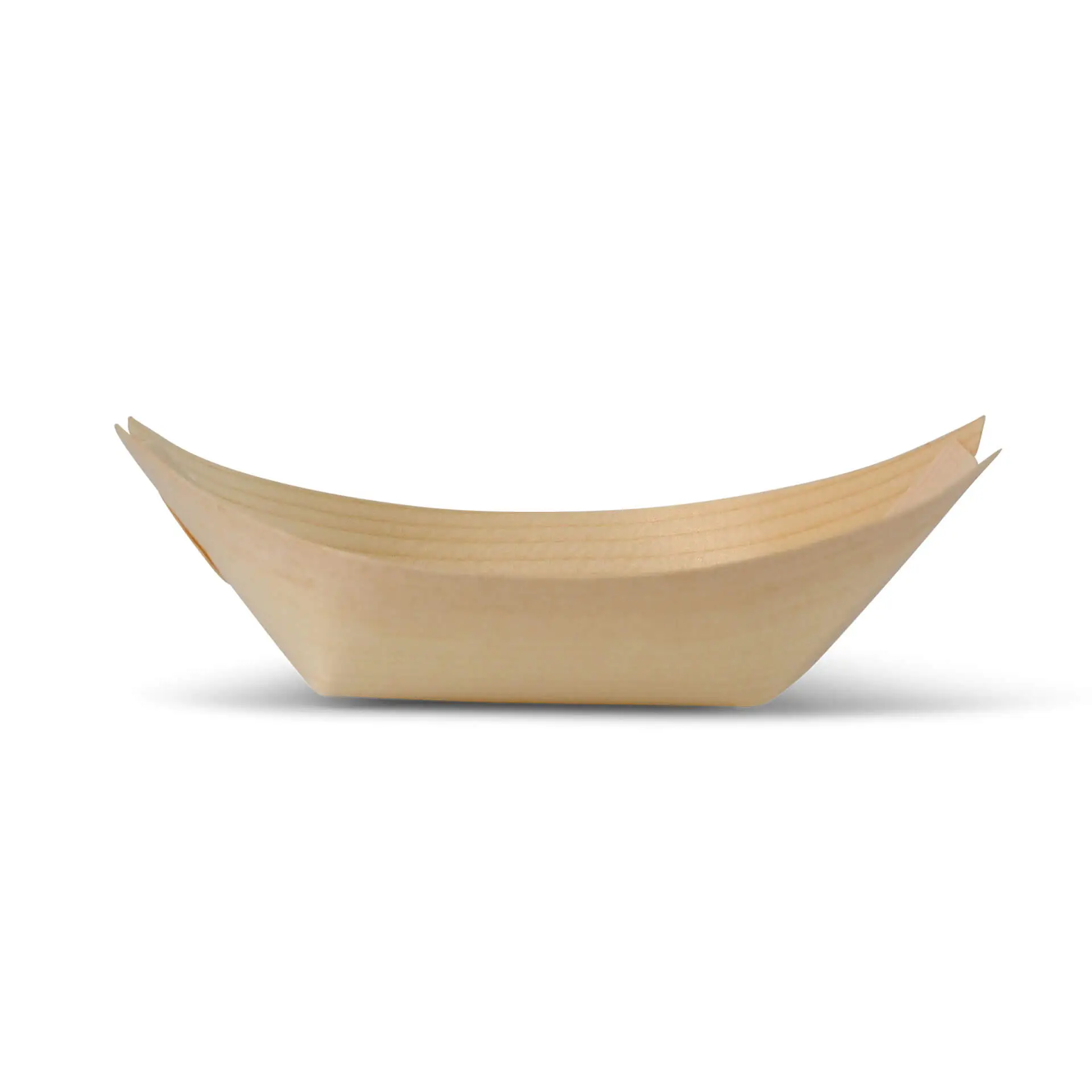 Conteneur en forme de bateau en bois, long de 11 cm, en bois brun, avec une surface lisse et sans revêtement.