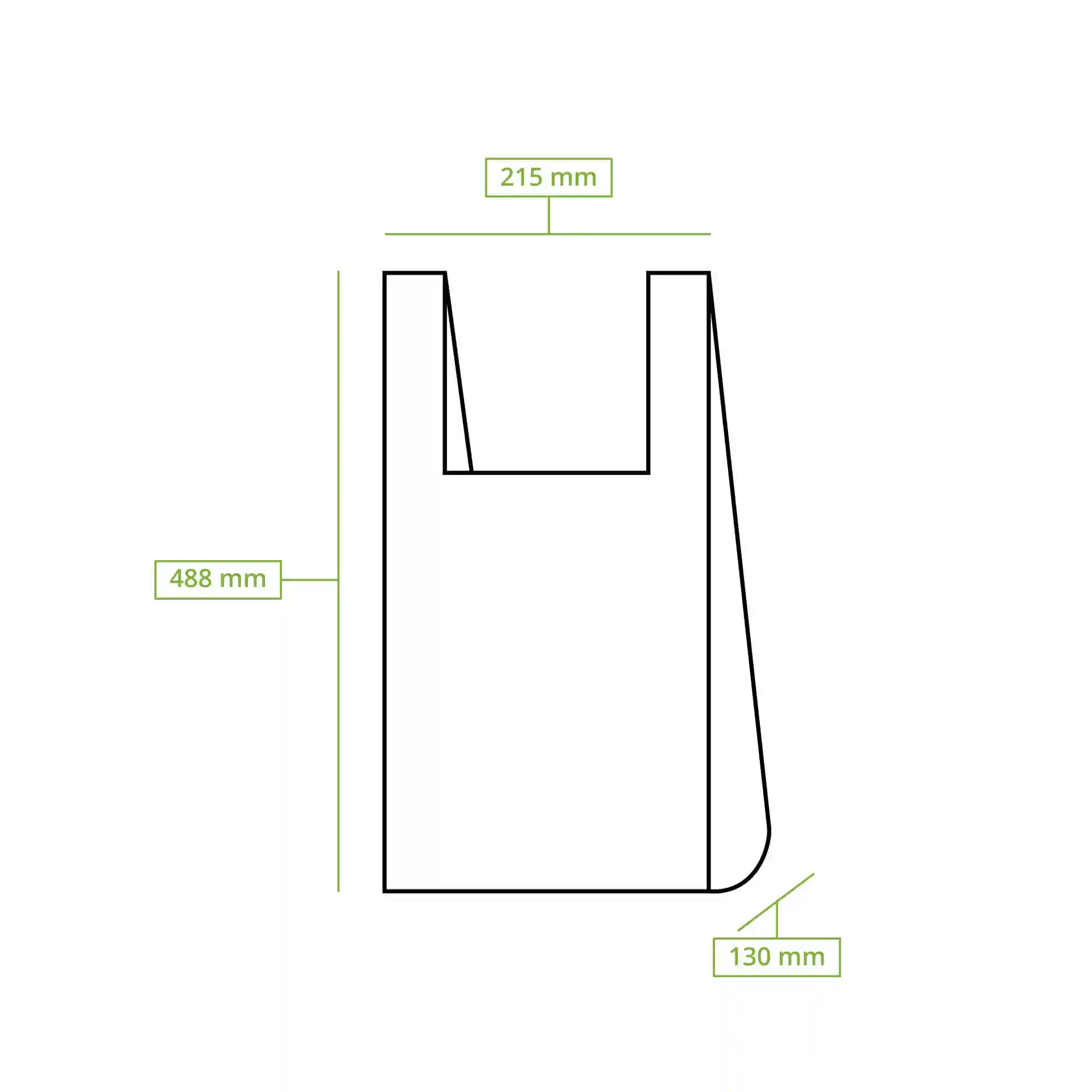 Dessin schématique d'un sac avec les dimensions : hauteur 488 mm, longueur 215 mm, largeur 130 mm.