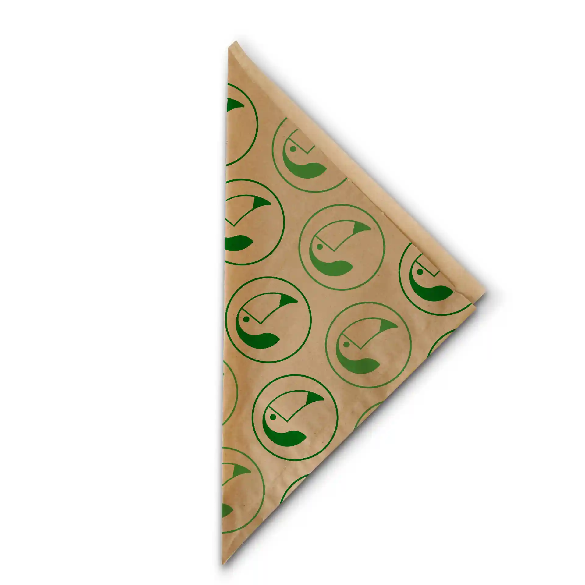 Cone en papier imprimé marron avec motif circulaire vert, mesurant 19 x 19 cm.
