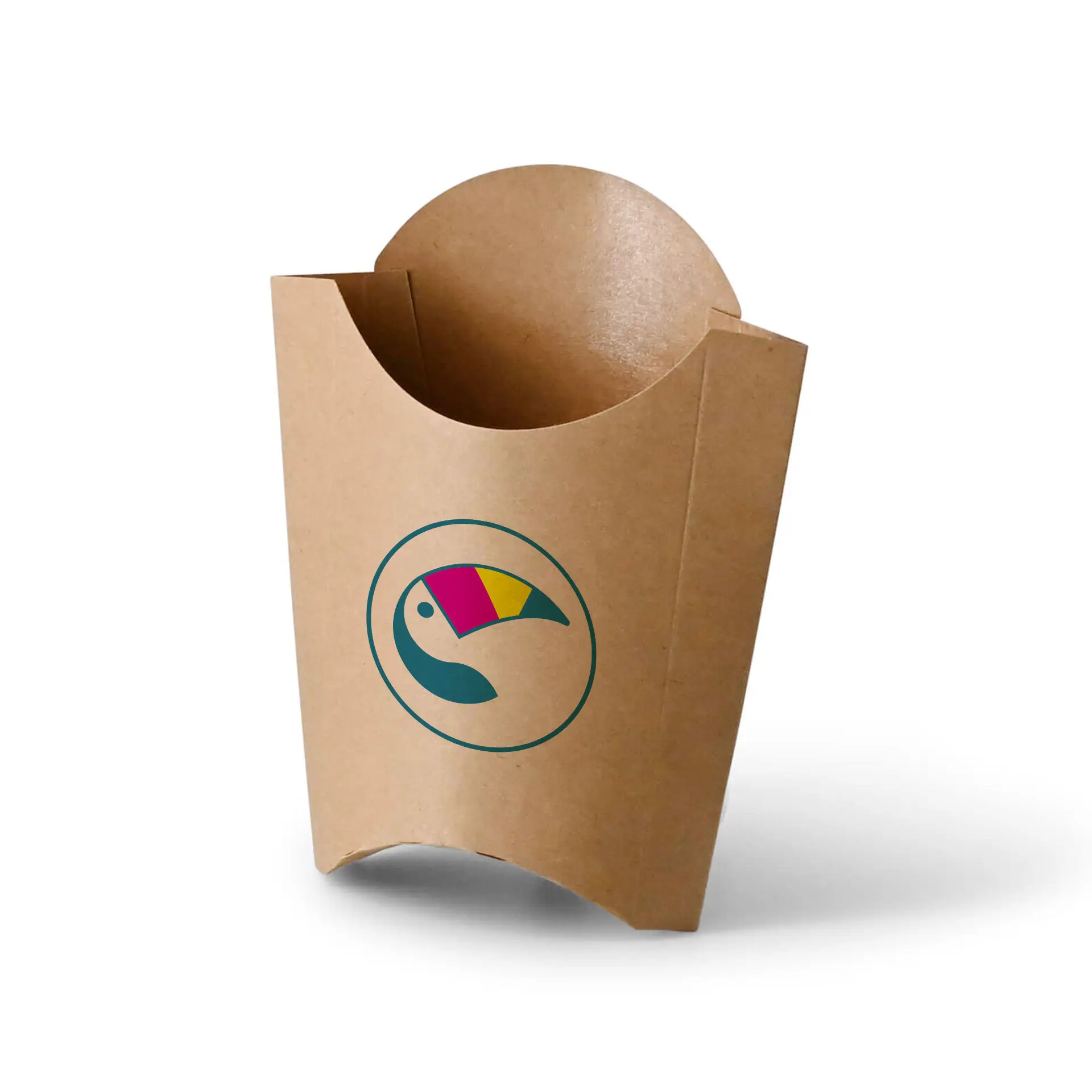 Plateau en carton imprimé personnalisé, 8,5 x 5 x 12 cm, avec un design de logo coloré. Idéal pour servir des collations.