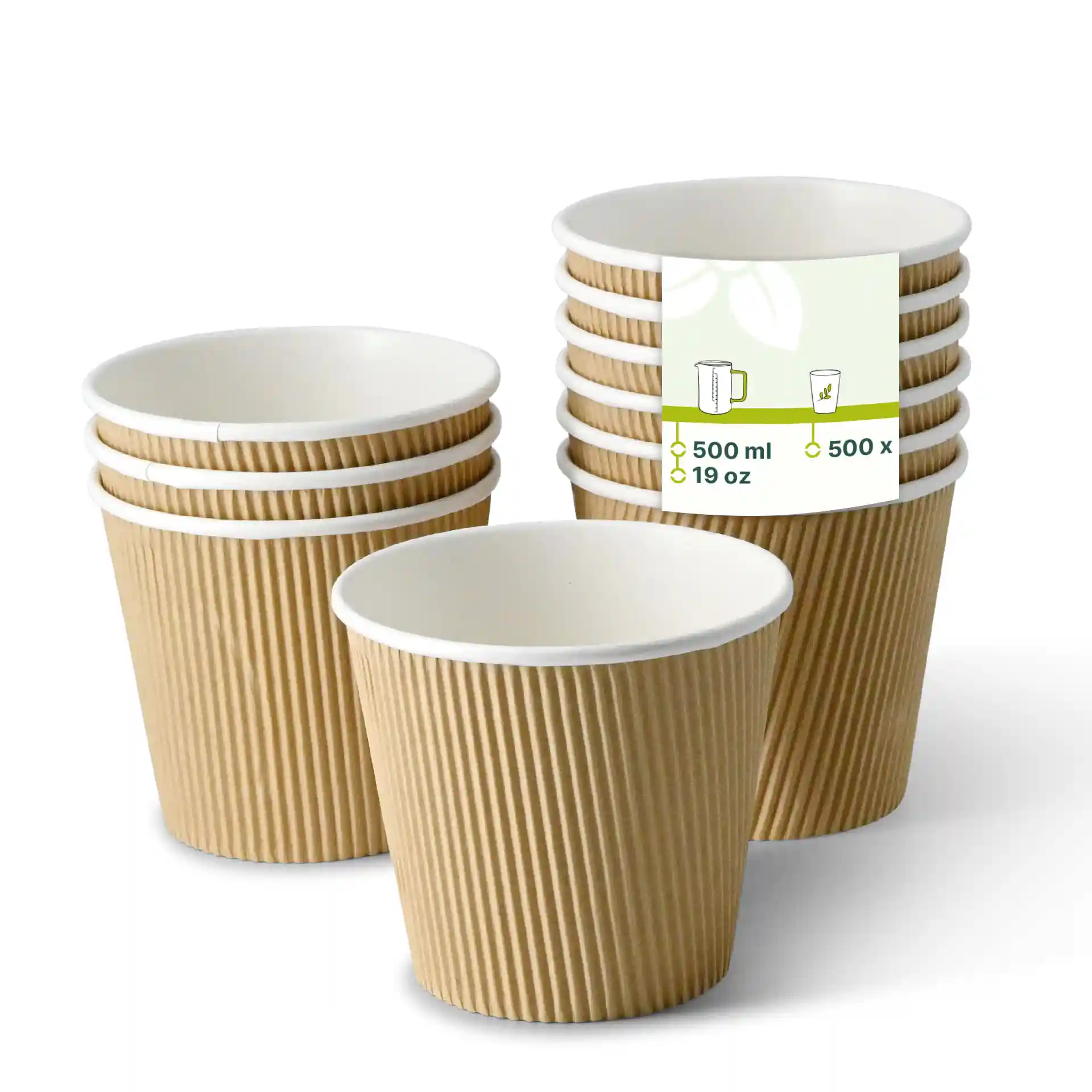 Tasses à soupe en carton ondulé marron empilées, avec une étiquette indiquant le volume et la quantité.