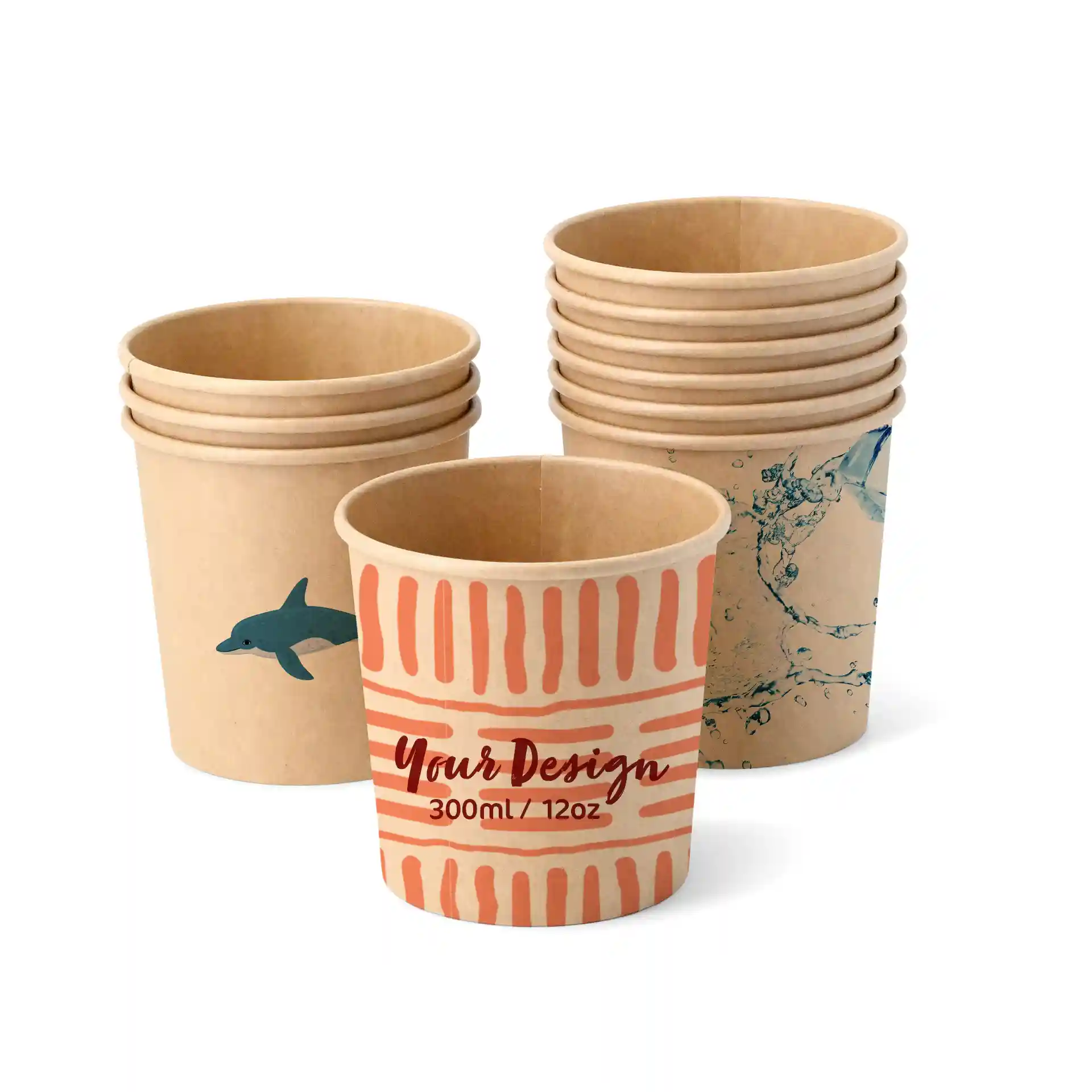 Coupes en carton marron pour glace avec divers designs, y compris un dauphin et des éclaboussures d'eau, empilées ensemble.
