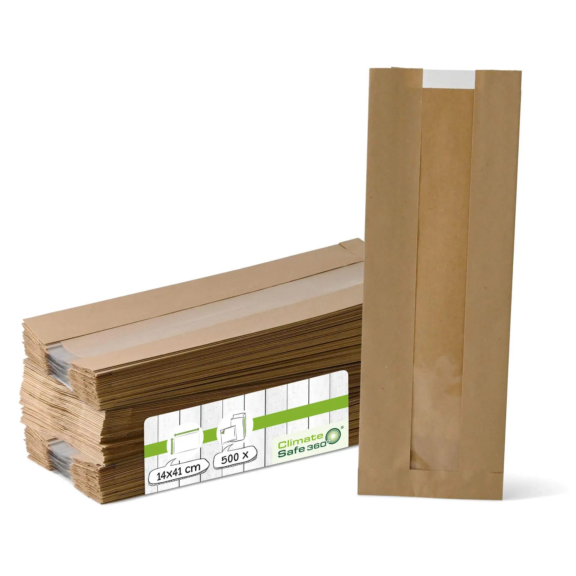 Płaska torba papierowa z okienkiem M, 14 x 7 x 41 cm, brązowa