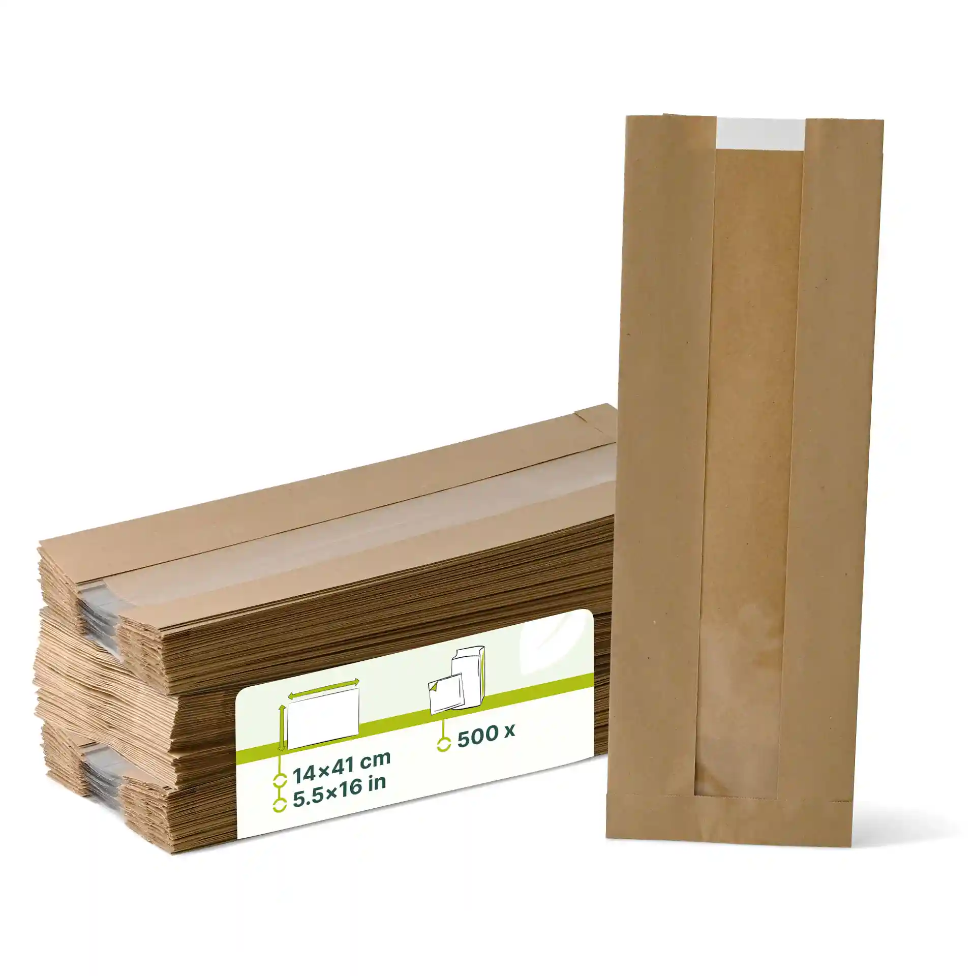 Sacs à pain en papier brun plat avec fenêtre de visualisation, mesurant 14 x 41 cm, empilés avec un sac debout.