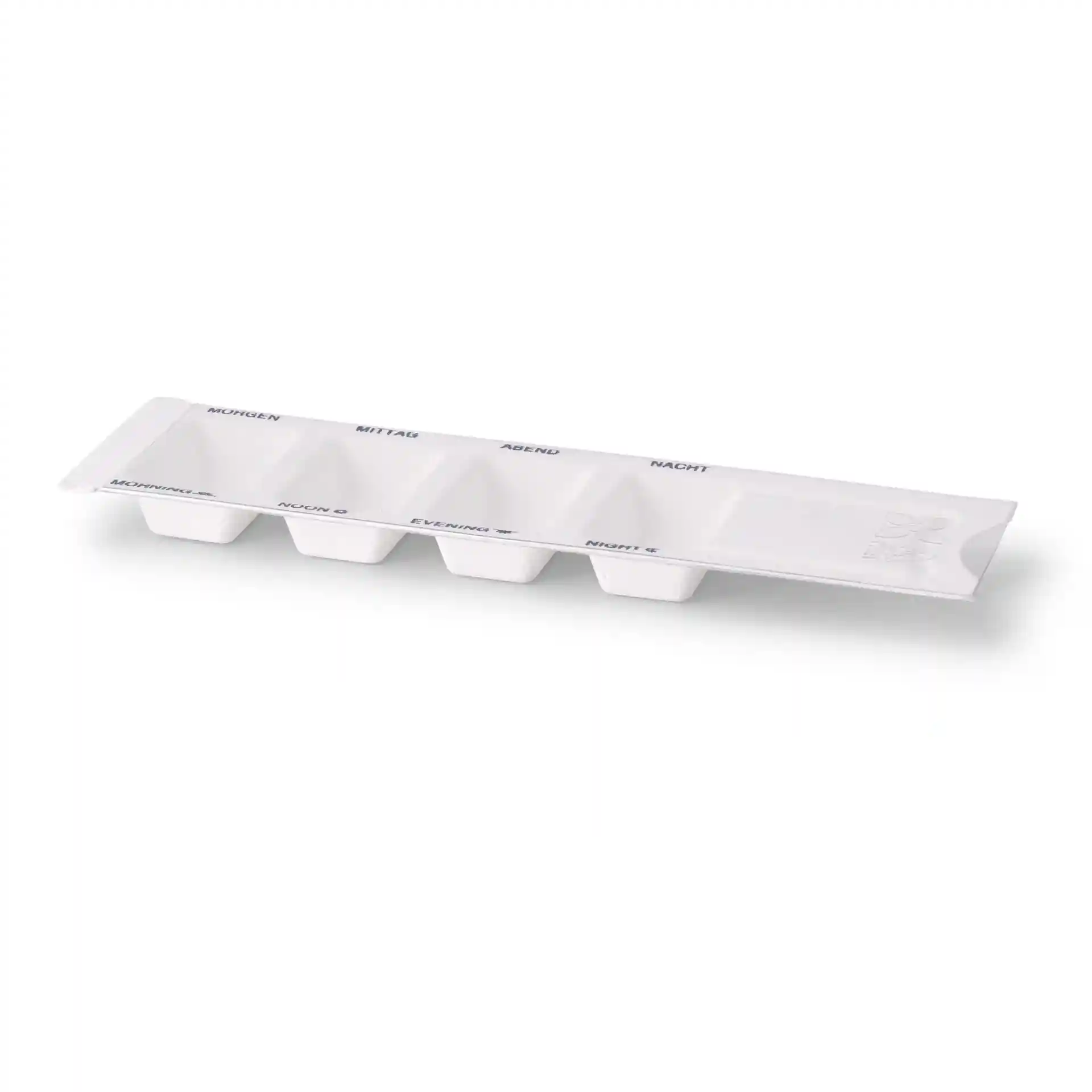 Distributeur de médicaments rectangulaire blanc avec quatre compartiments étiquetés pour le matin, le midi, le soir et la nuit.
