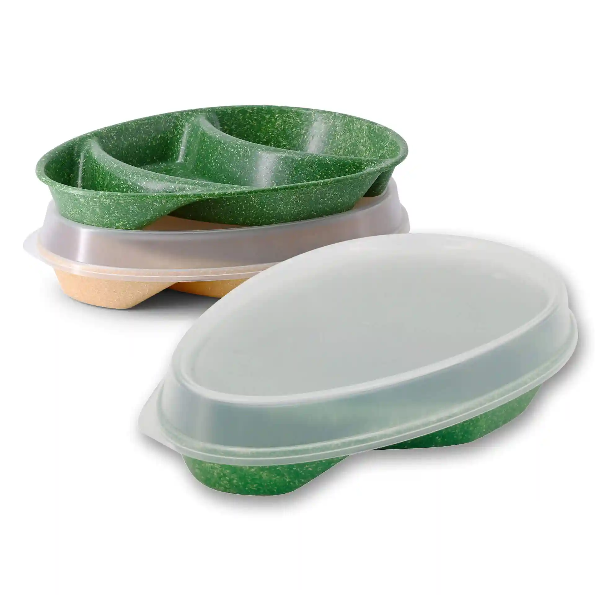 Assiettes de menu réutilisables vertes avec trois compartiments, en forme de goutte et avec un couvercle transparent.