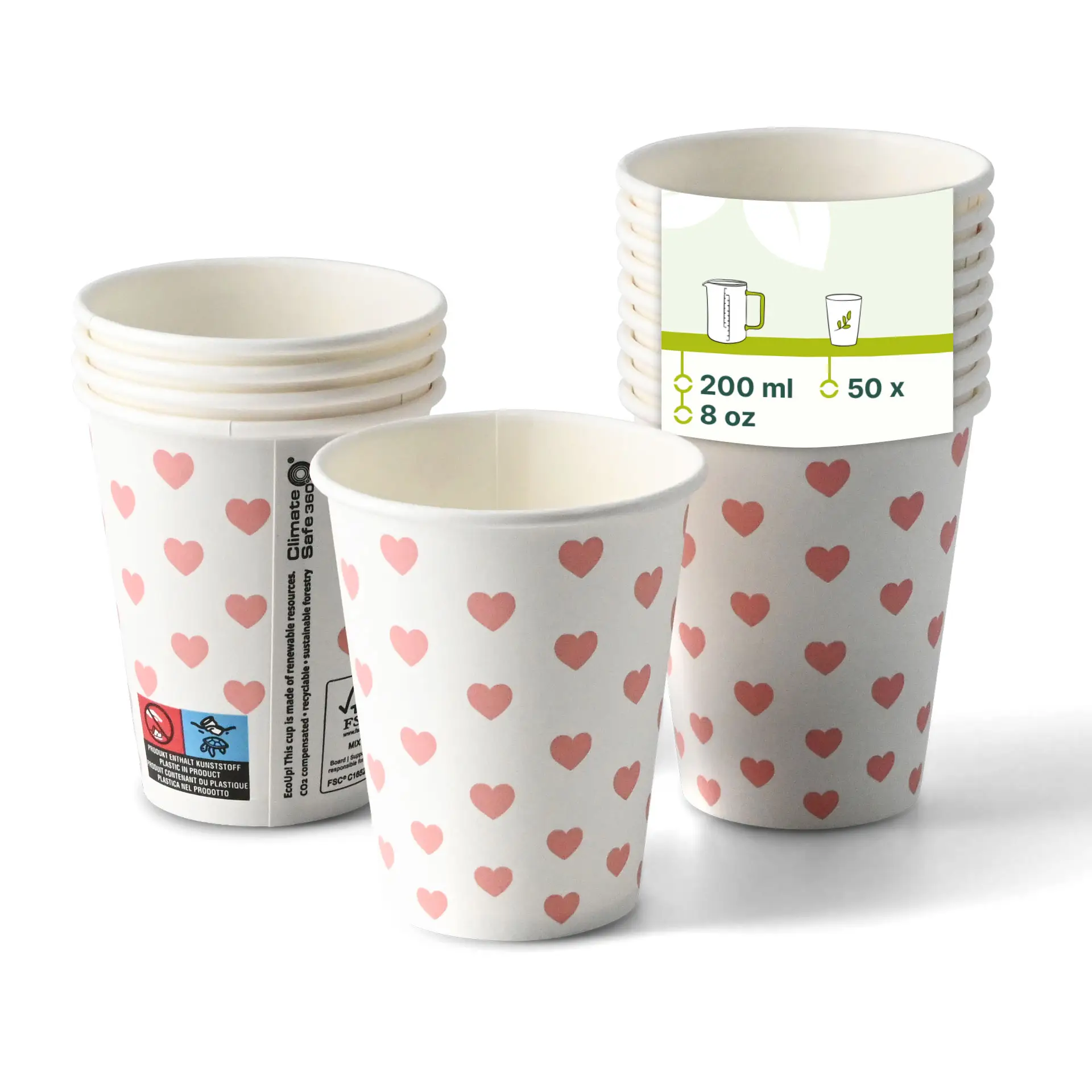 Gobelet en papier imprimé "Hearts" (revêtu) 200 ml / 8 oz, Ø 80 mm, blanc