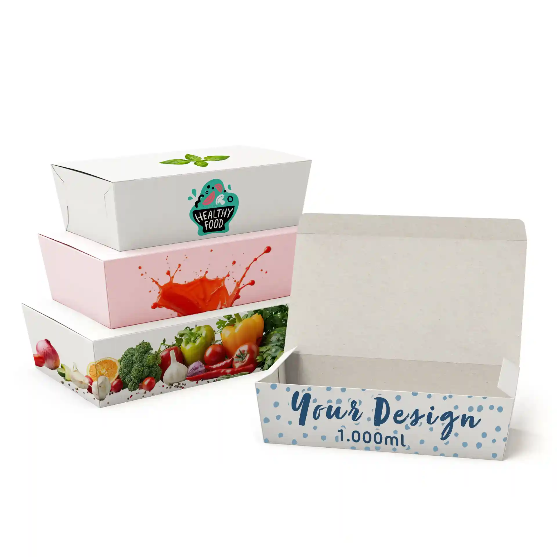 Image de plusieurs boîtes à snacks imprimées dans divers designs, avec une boîte ouverte montrant un intérieur simple.