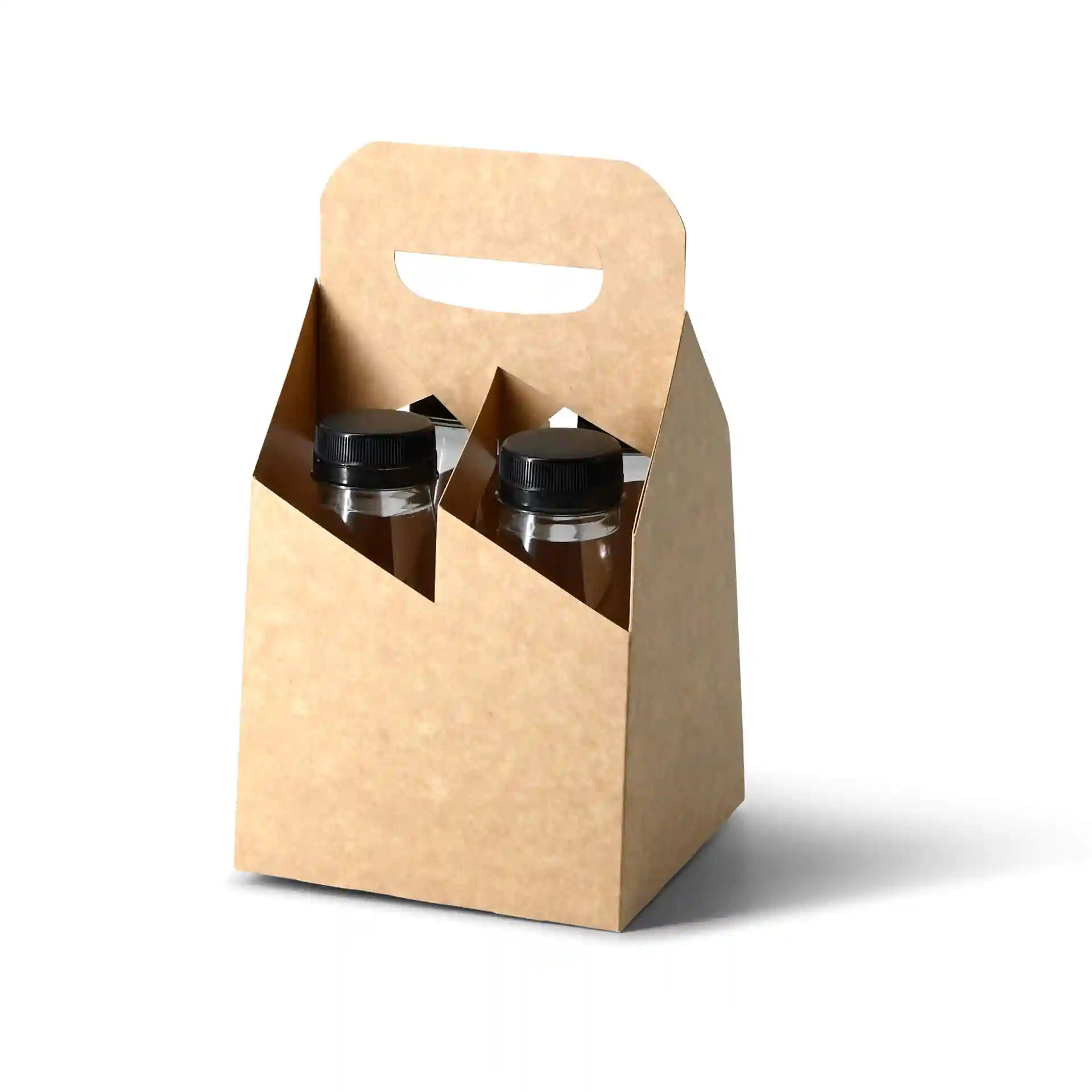 Boîte de transport contenant deux bouteilles rPET transparentes avec des bouchons noirs, conçue pour 250 ml.