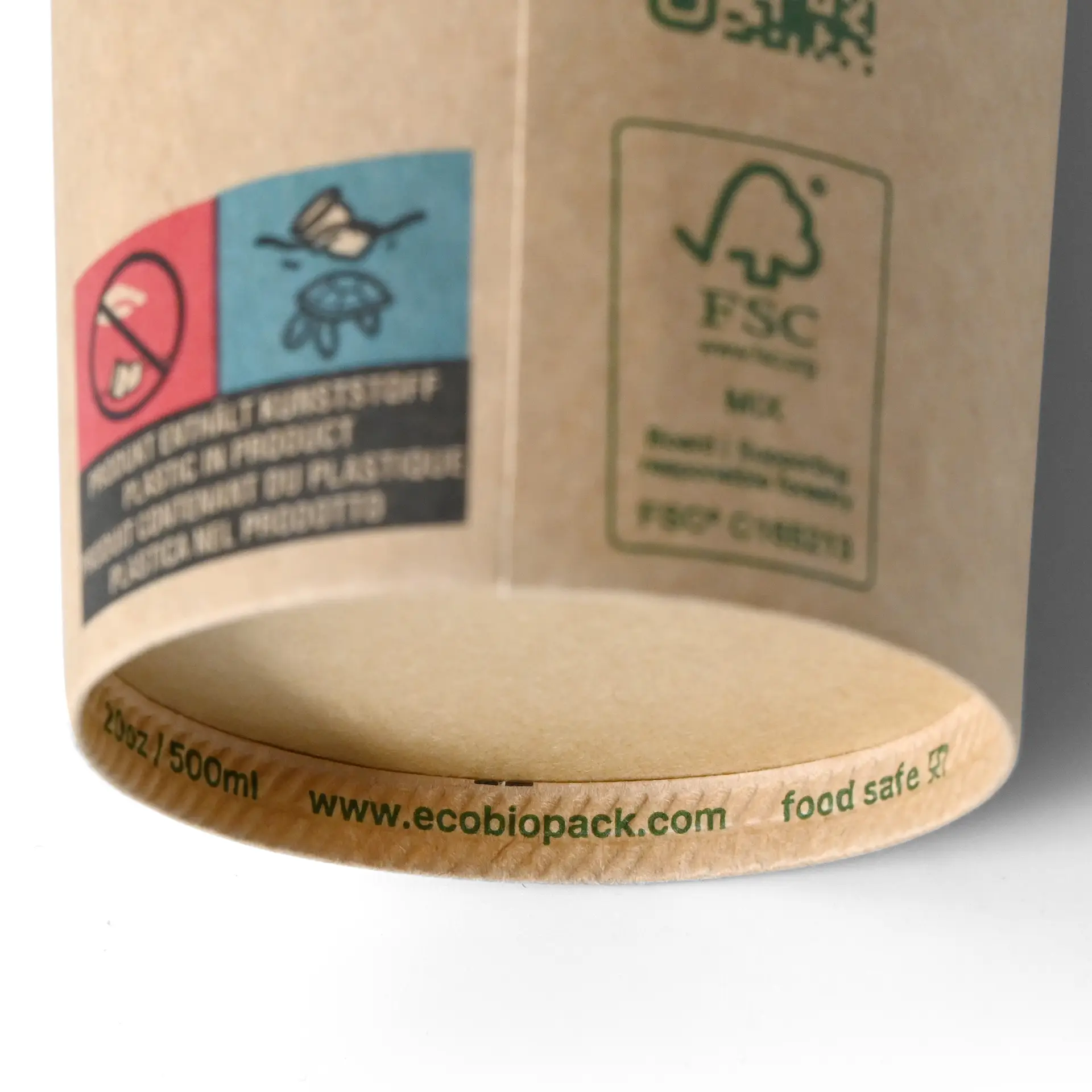 Gobelet en papier simple paroi, 500 ml, marron avec revêtement en PLA ; inclut des symboles pour le recyclage et la sécurité alimentaire sur la surface extérieure.