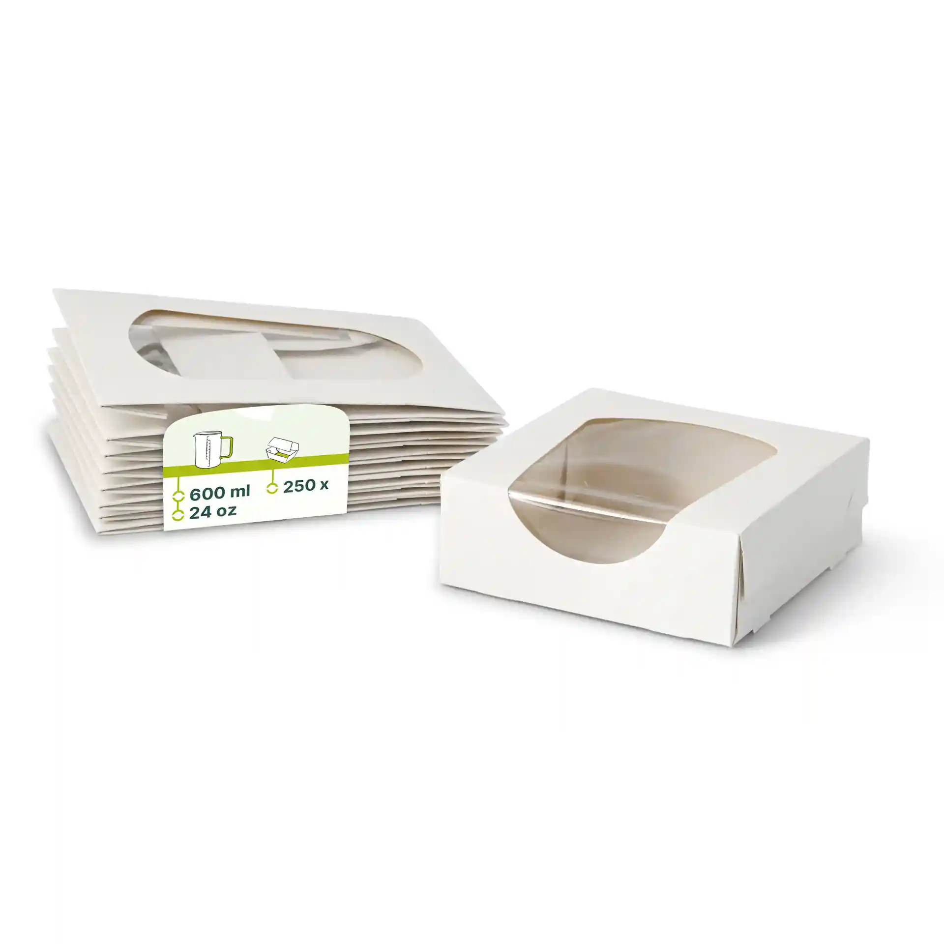 Boîtes en carton blanc avec fenêtre en cellulose, forme rectangulaire et design pliable.