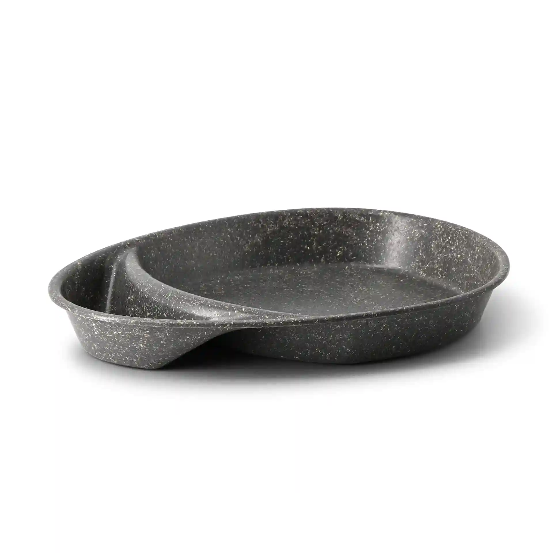 Assiette divisée réutilisable grise avec deux compartiments, en forme de goutte, mesurant 27,5 × 20 × 3,5 cm.