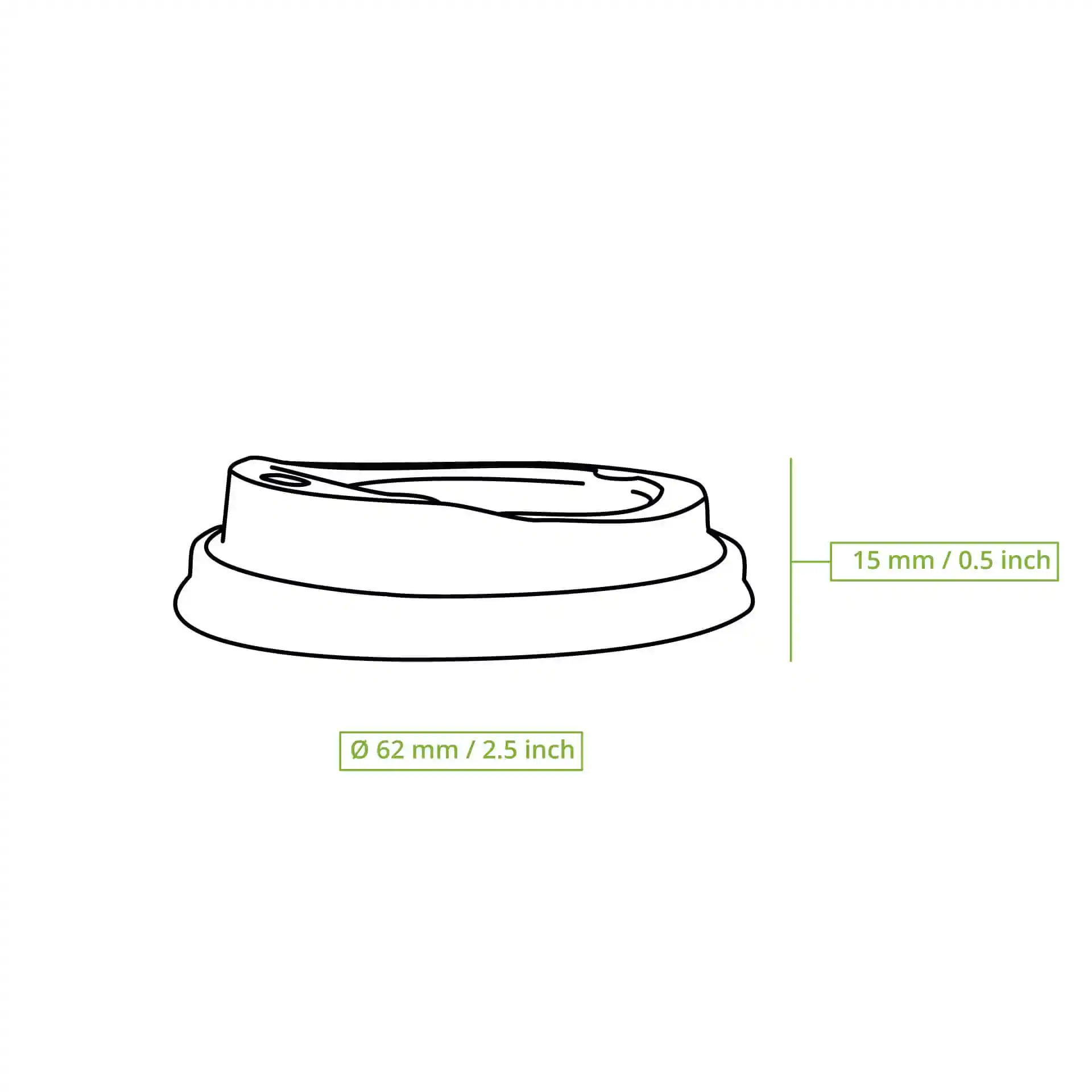 Dessin schématique d'un couvercle CPLA blanc avec un trou de boisson, montrant des dimensions de 62 mm de diamètre et 15 mm de hauteur.