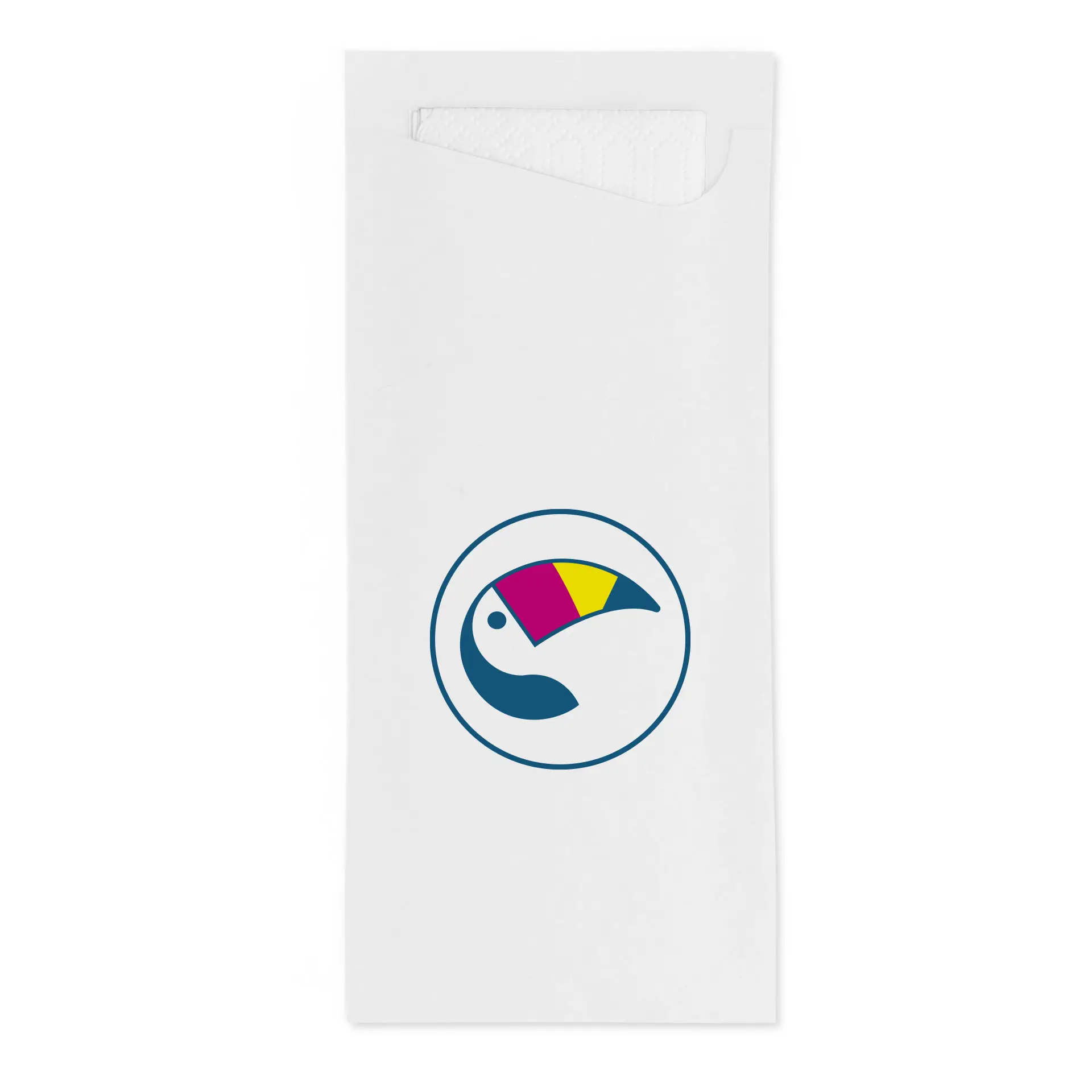 Manchette de couverts blanche avec un logo de toucan coloré, serviette intégrée incluse pour un usage de repas.