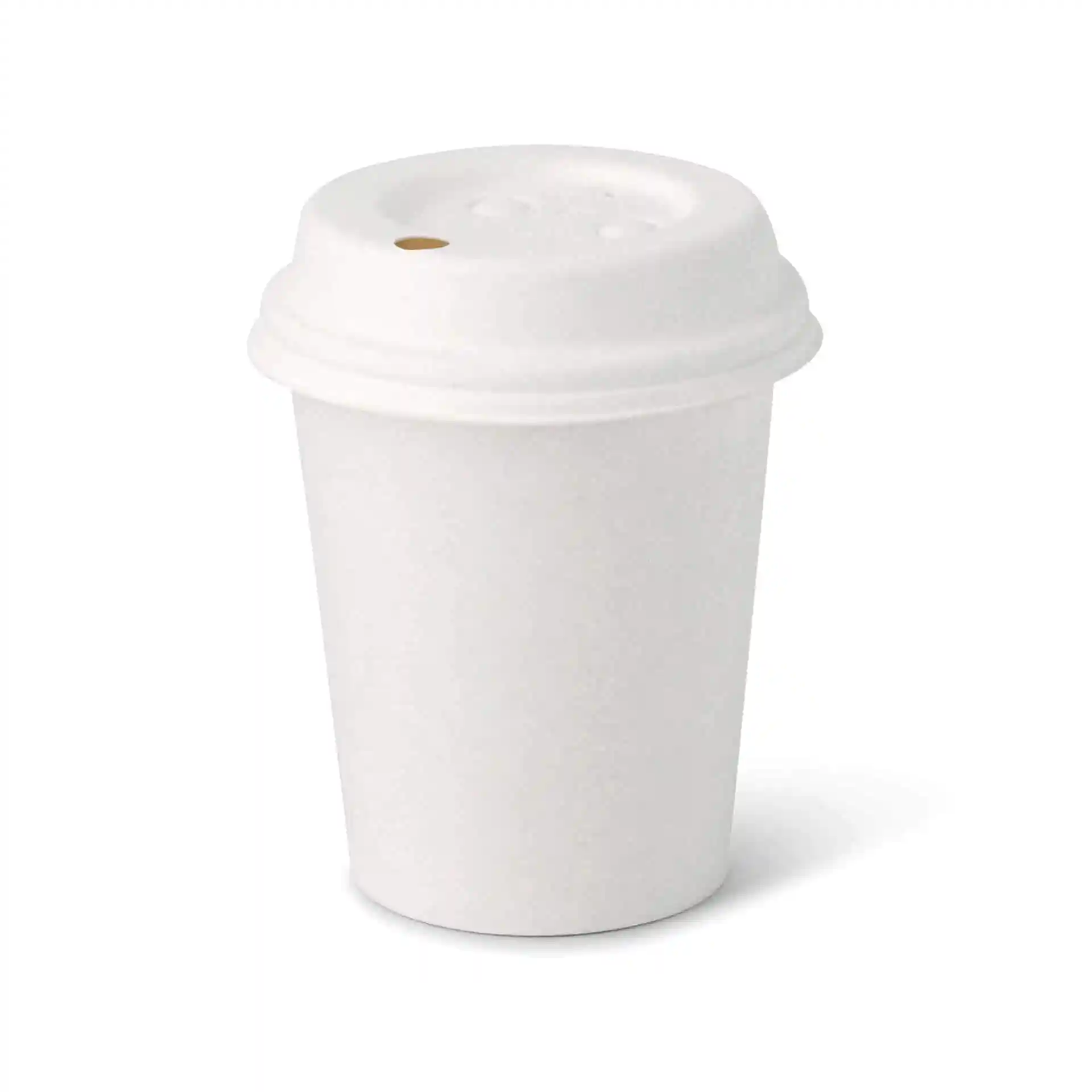 Gobelet en papier blanc de 8 oz avec une forme ronde et une surface enduite, doté d'un couvercle avec une petite ouverture.