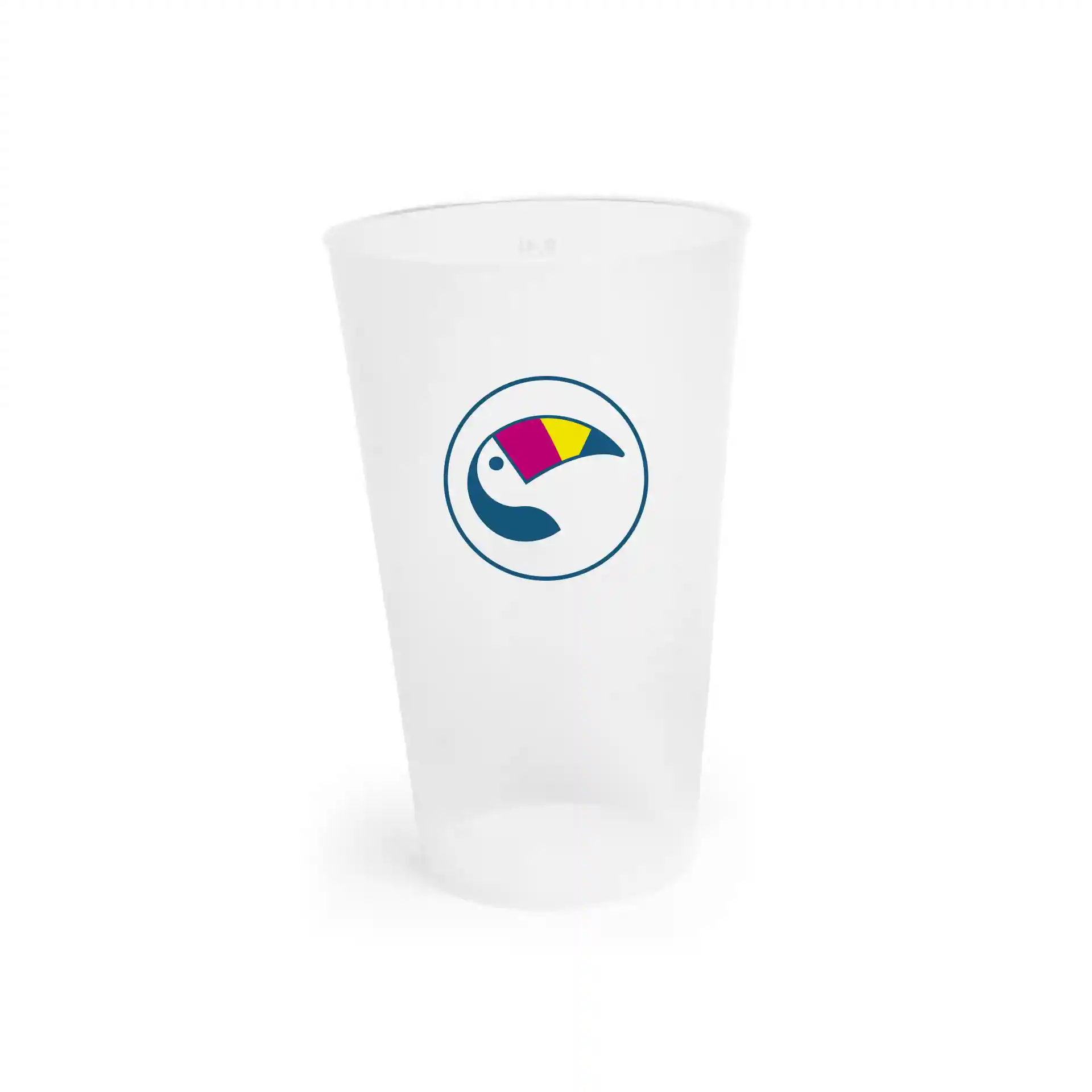 Gobelet réutilisable transparent de forme ronde avec un logo représentant un design d'oiseau stylisé.
