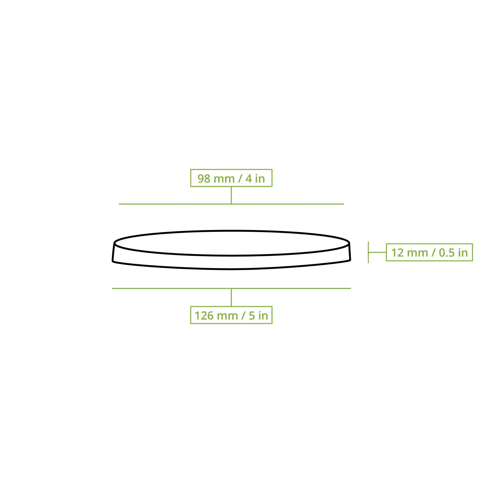 Dessin schématique d'un couvercle rond en rPET avec dimensions : diamètre supérieur 98 mm, diamètre inférieur 126 mm, hauteur 12 mm.