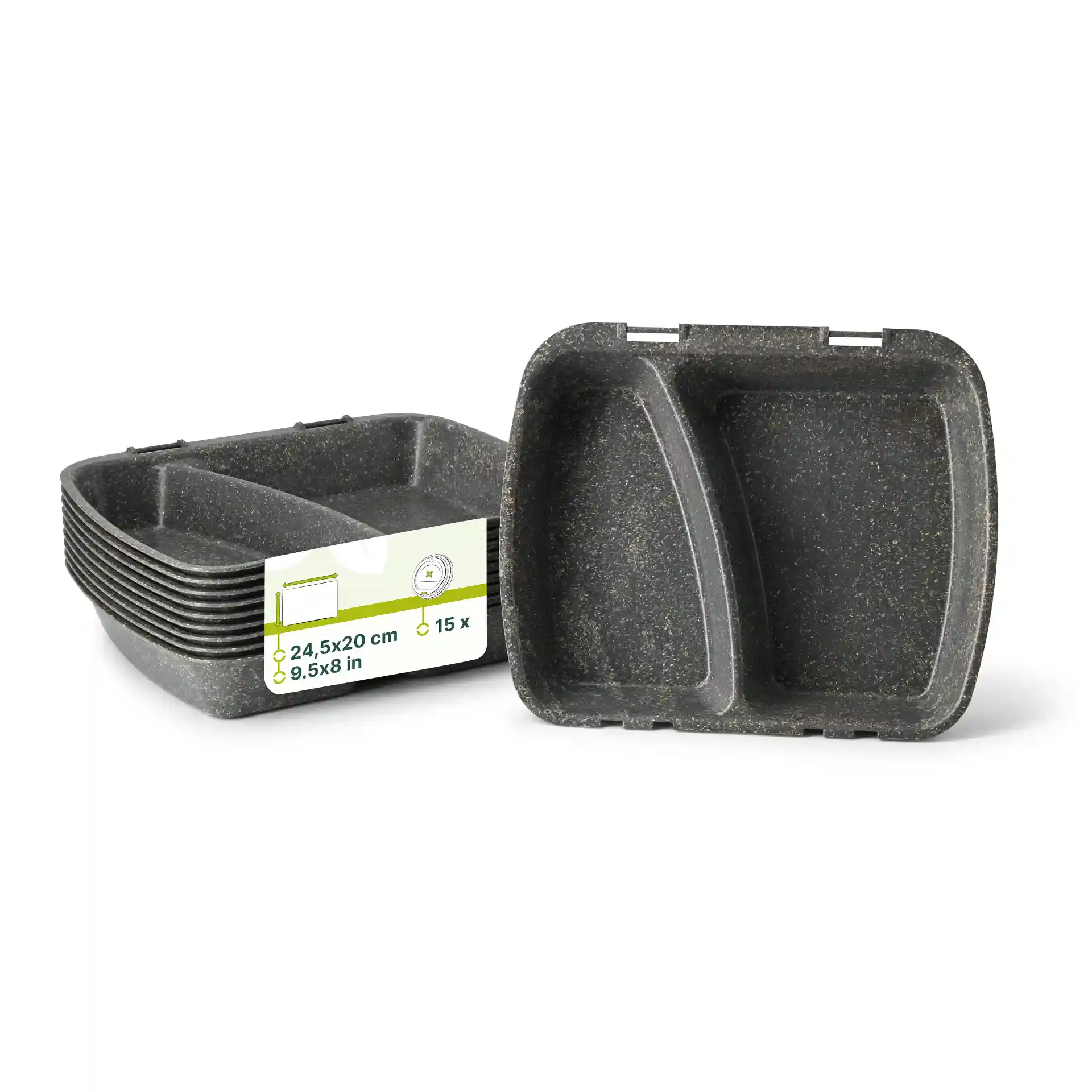 Conteneur de repas gris réutilisable avec deux compartiments, dimensions 24,5 x 20 x 4,5 cm, empilé avec étiquette visible.