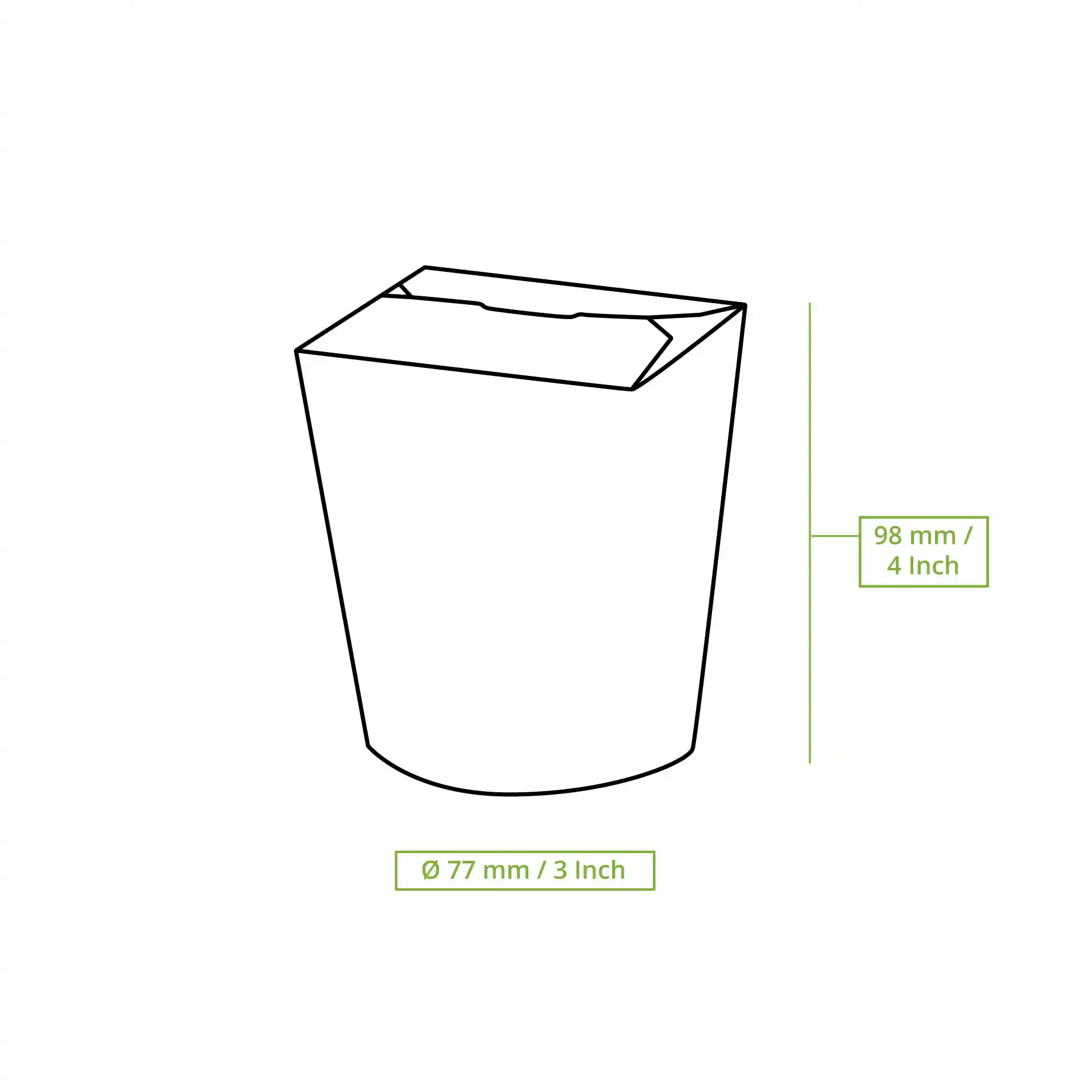 Dessin schématique d'une boîte à nouilles brune en carton enduit, dimensions 98 mm de hauteur et 77 mm de diamètre.